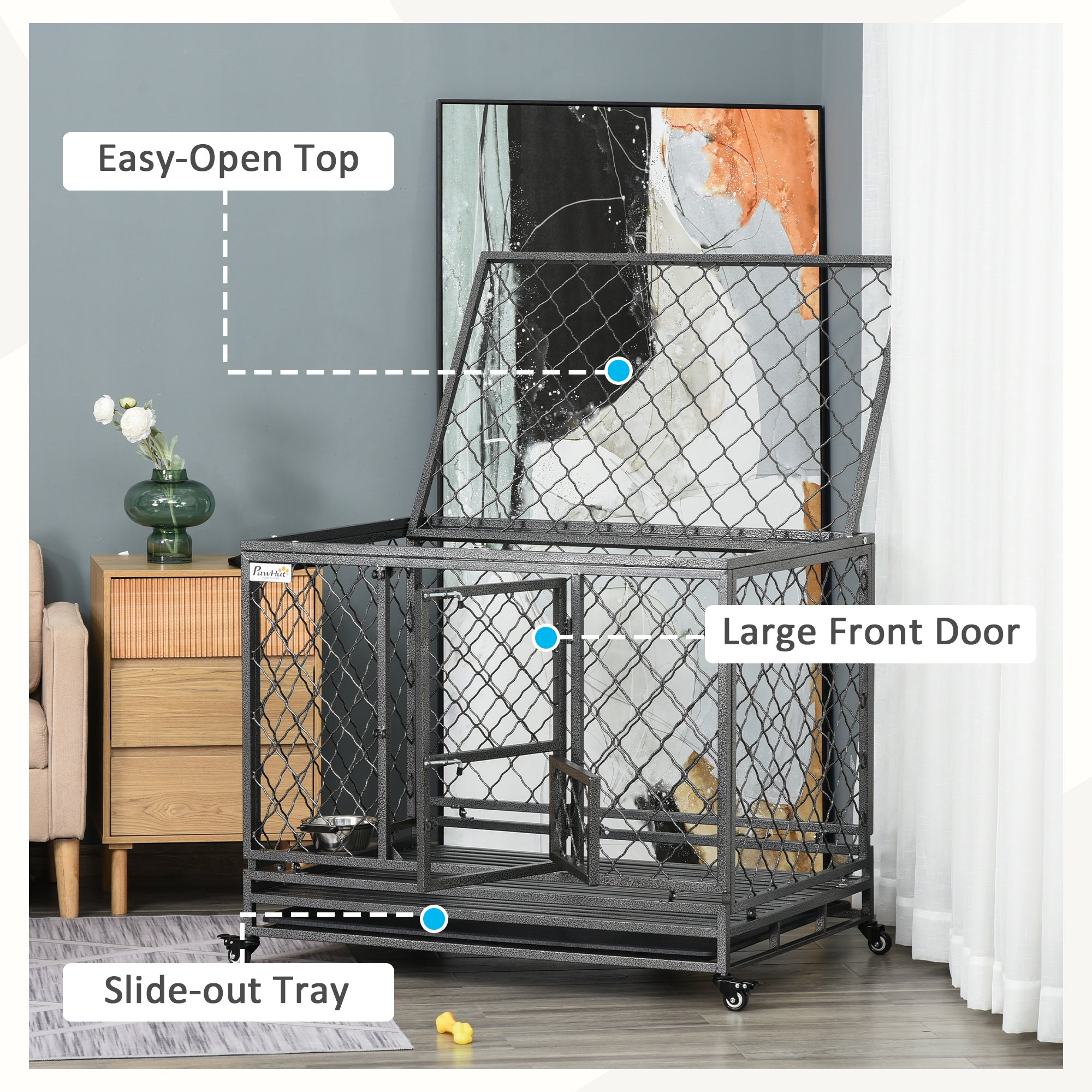 Heavy Duty Dog Crate w/ Wheels, Openable Top, Removable Tray, Bowl, for All-Sized Dogs, 42.5