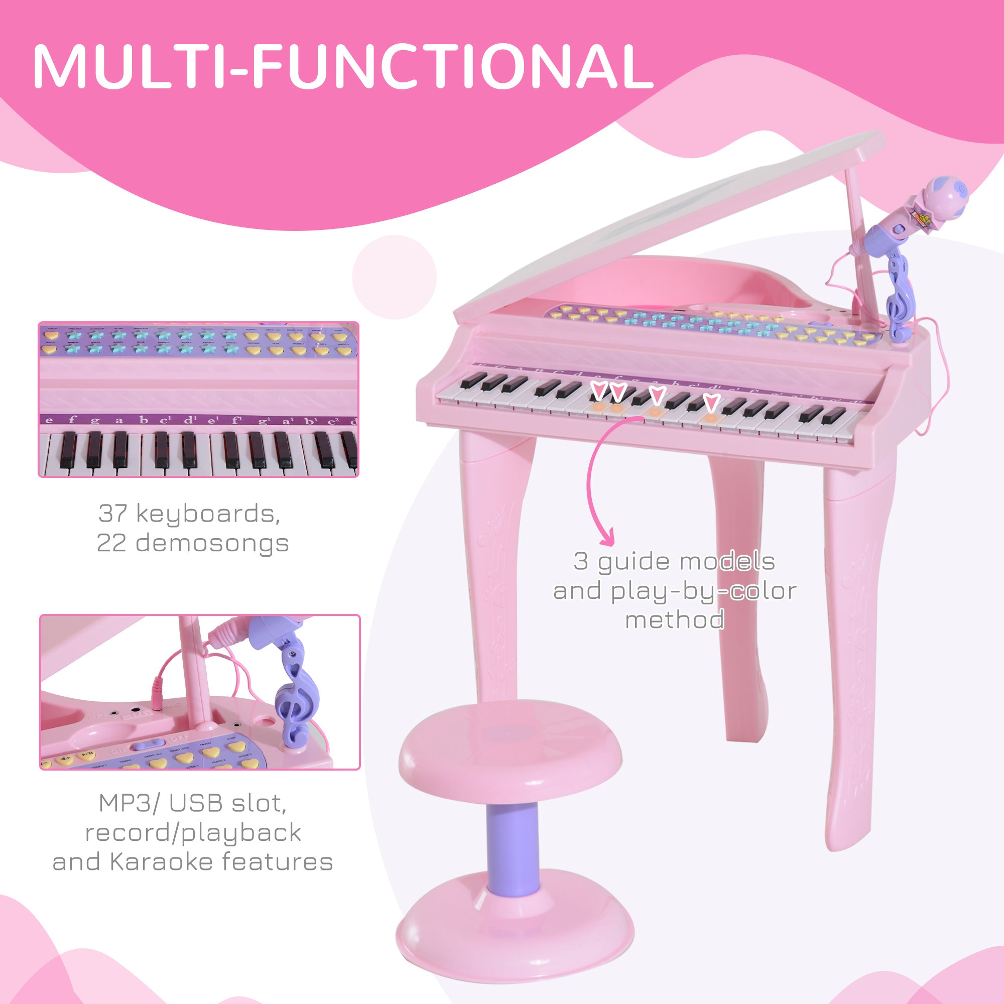 Mini Electronic Musical Piano 37 Key Keyboard Multifunction Kids Toy with Microphone Stool (Pink) Electronic Musical Pianos at Gallery Canada