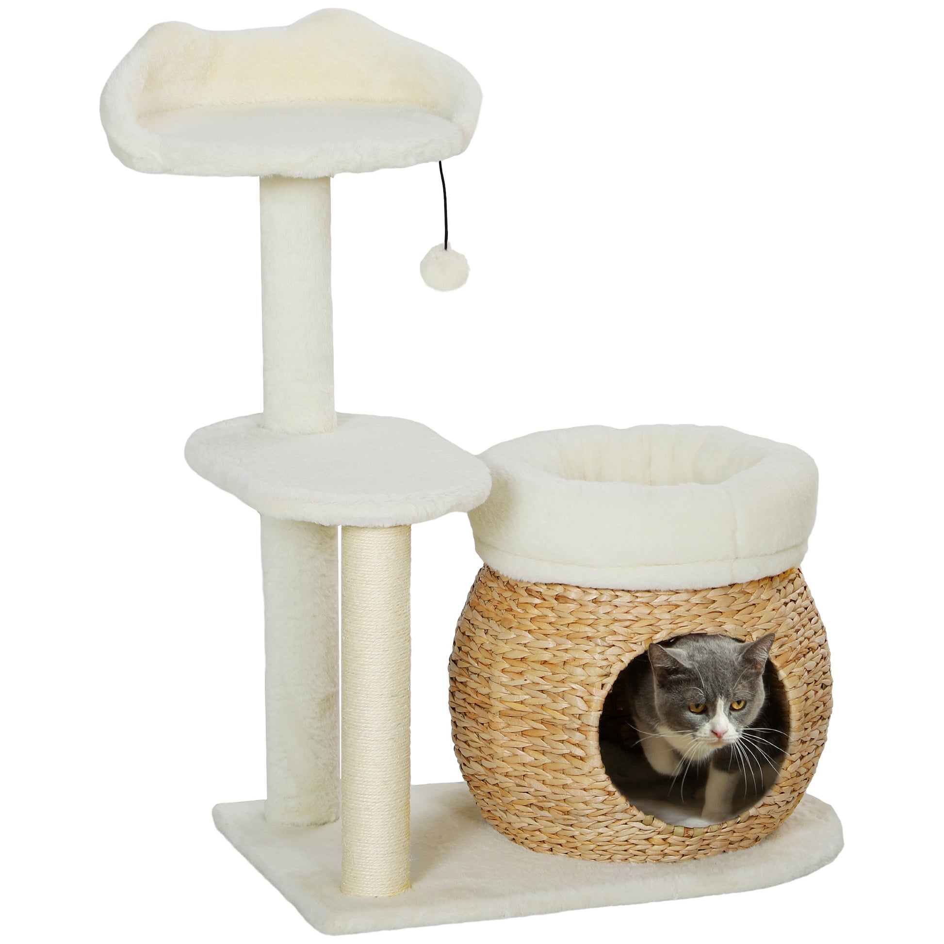 31" Cat Tree Tower with Scratching Posts, Cat Condo, Beds, Platform, Toy Ball, for Indoor Cats, Cream White Cat Towers   at Gallery Canada