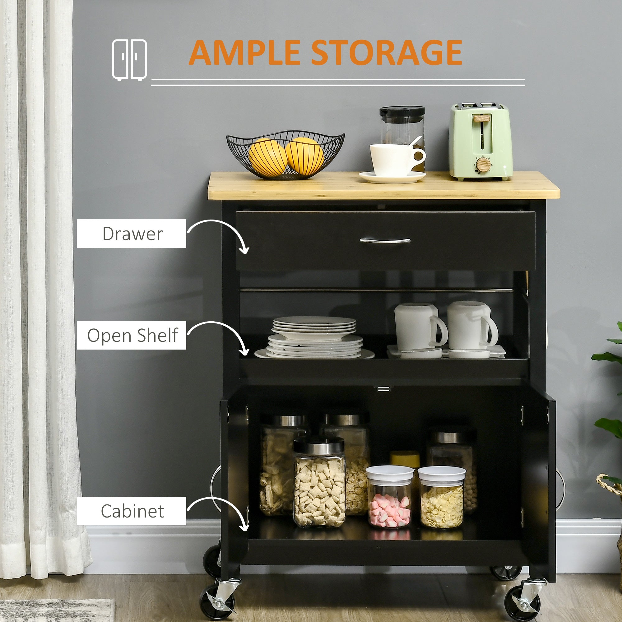 Kitchen Cart, Utility Trolley, Small Kitchen Island with Storage Drawer &; Side Hooks for Dining Room, Black Kitchen Islands & Kitchen Carts   at Gallery Canada