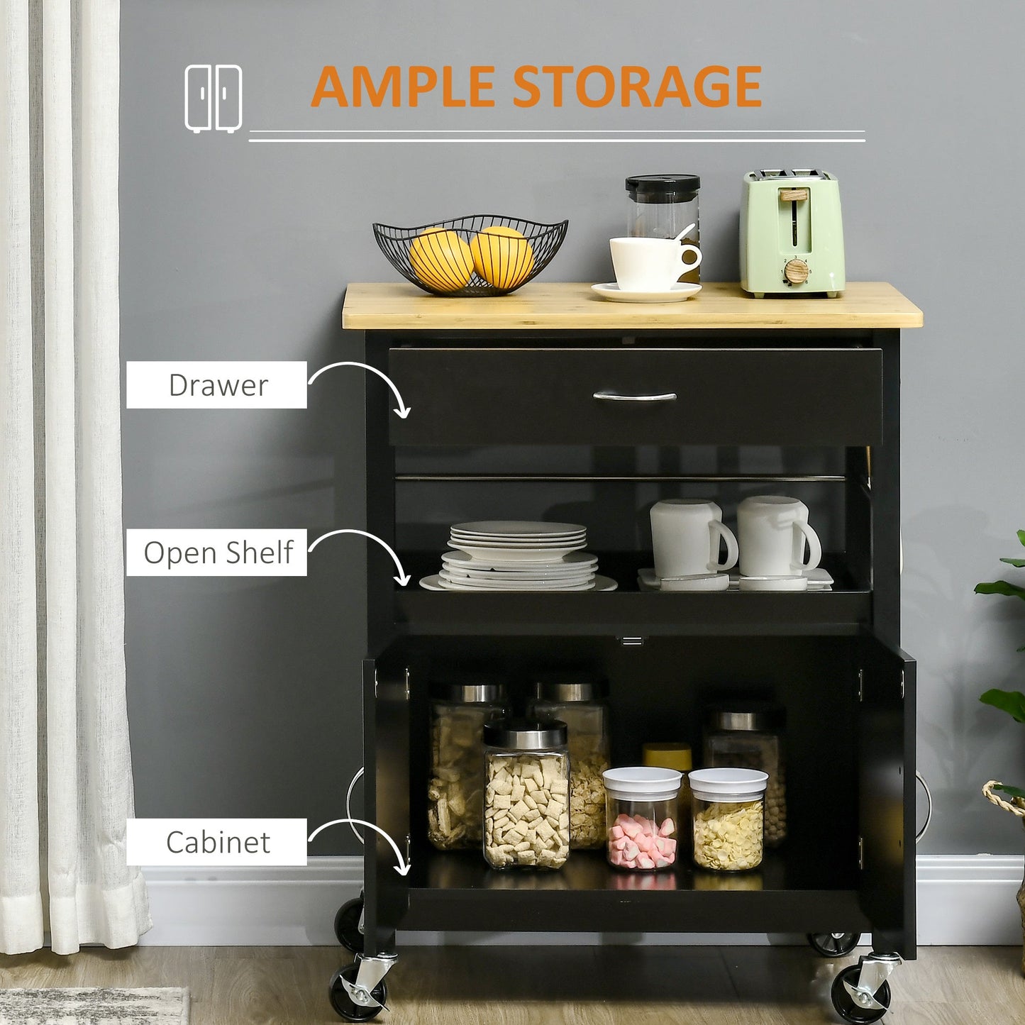 Kitchen Cart, Utility Trolley, Small Kitchen Island with Storage Drawer &; Side Hooks for Dining Room, Black - Gallery Canada