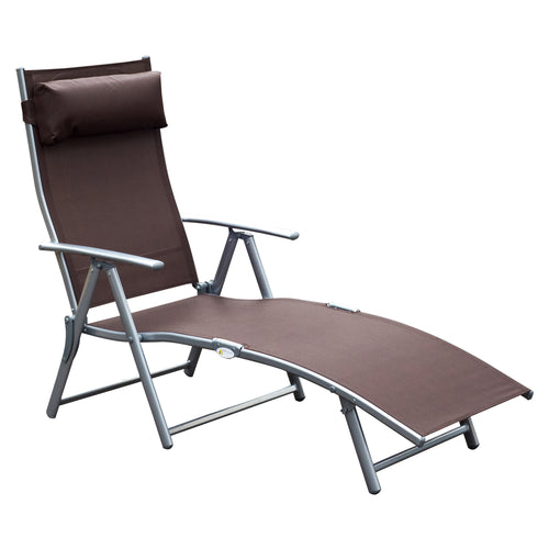 7-Position Adjustable Reclining Outdoor Sun Lounger with Pillow, Brown