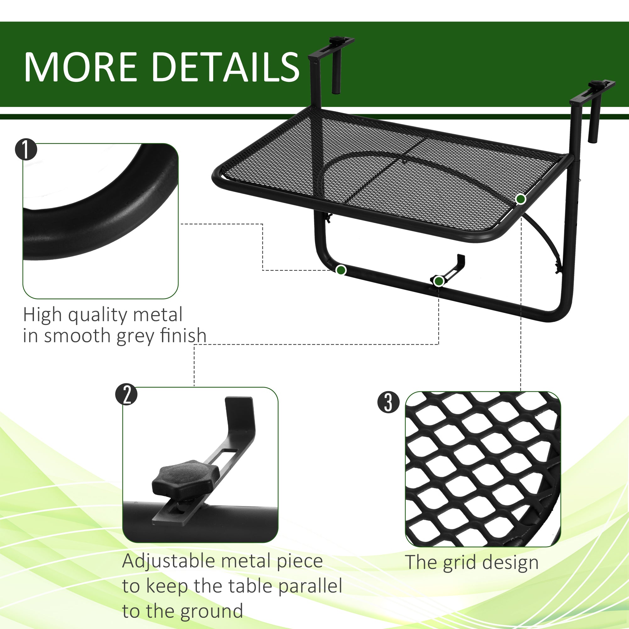 Adjustable Balcony Hanging Railing Table, Metal Mounting Mini Wall Desk Storage Rack, Outdoor Flower Stand Serving Table Rectangle, Black Balcony Table Hanging at Gallery Canada