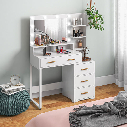 Illuminated Dresssing Table, LED Vanity Table with Mirror, Drawer and Storage Shelves for Bedroom, White Dressing & Vanity Tables White  at Gallery Canada