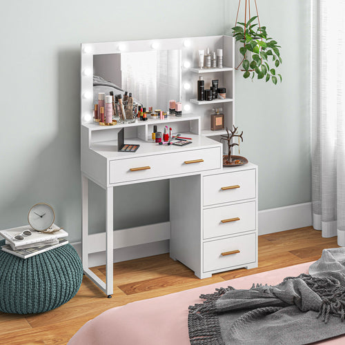 Illuminated Dresssing Table, LED Vanity Table with Mirror, Drawer and Storage Shelves for Bedroom, White