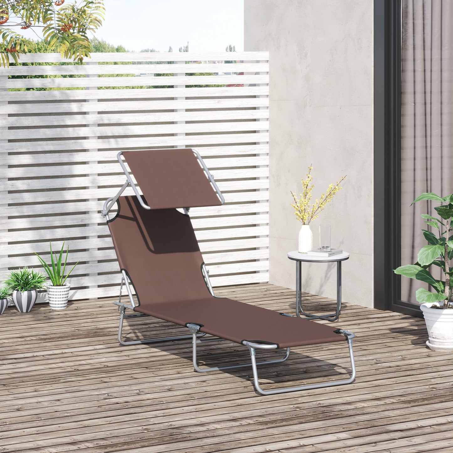 Outdoor Lounge Chair, Adjustable Folding Chaise Lounge, Tanning Chair with Sun Shade for Beach, Camping, Hiking, Backyard, Brown Lounger Chairs Brown  at Gallery Canada