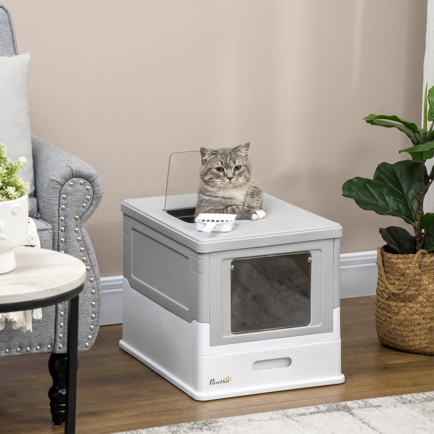 Top Entry Enclosed Kitty Litter Box with Scoop, Tray, Front Entry, Large Space, Foldable, Portable, Grey Cat Litter Box Enclosures White and Grey  at Gallery Canada