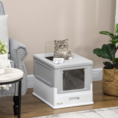 Top Entry Enclosed Kitty Litter Box with Scoop, Tray, Front Entry, Large Space, Foldable, Portable, Grey