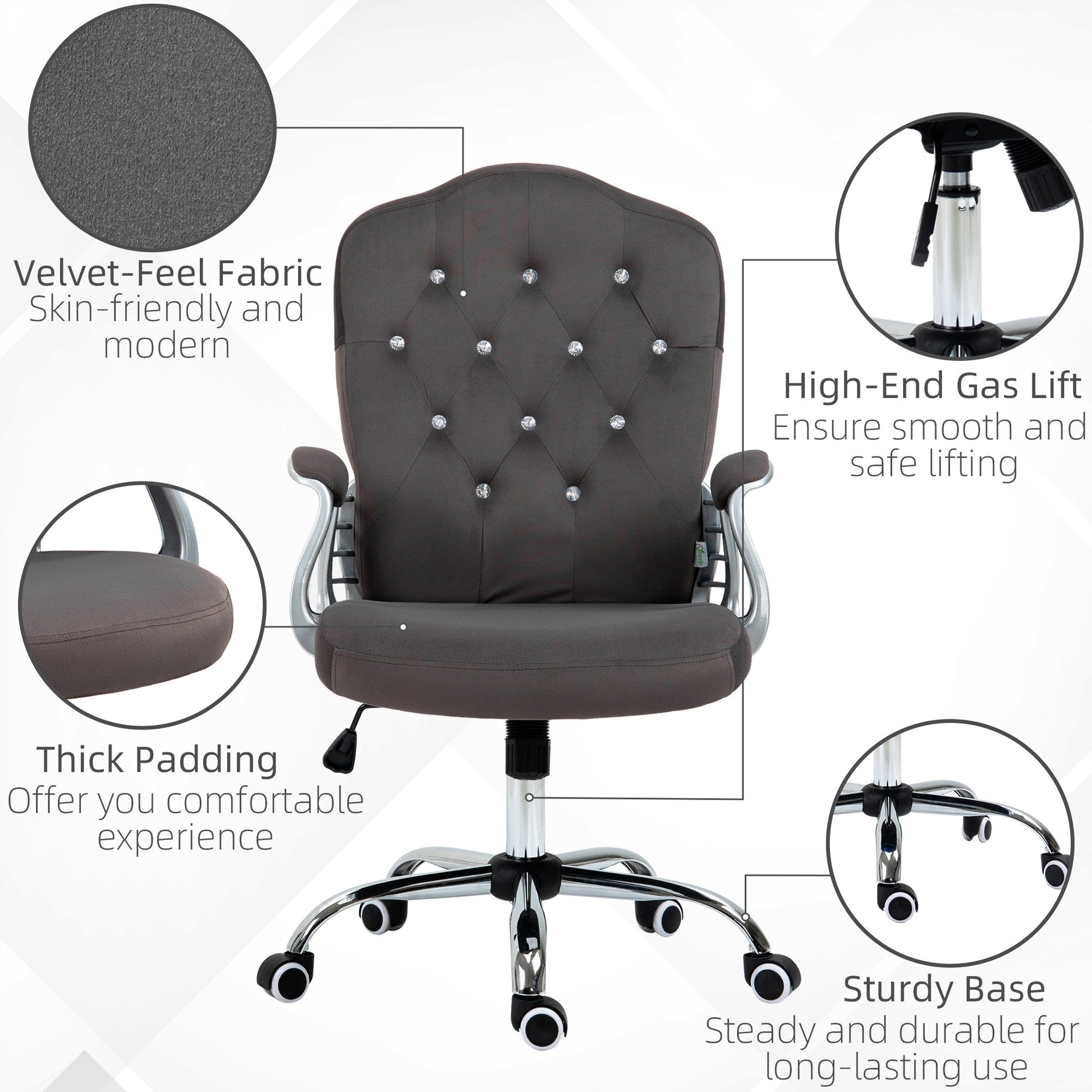 Office Chair, Velvet Computer Chair, Button Tufted Desk Chair with Swivel Wheels, Adjustable Height, Tilt Function, Dark Grey Executive & Manager Chairs   at Gallery Canada