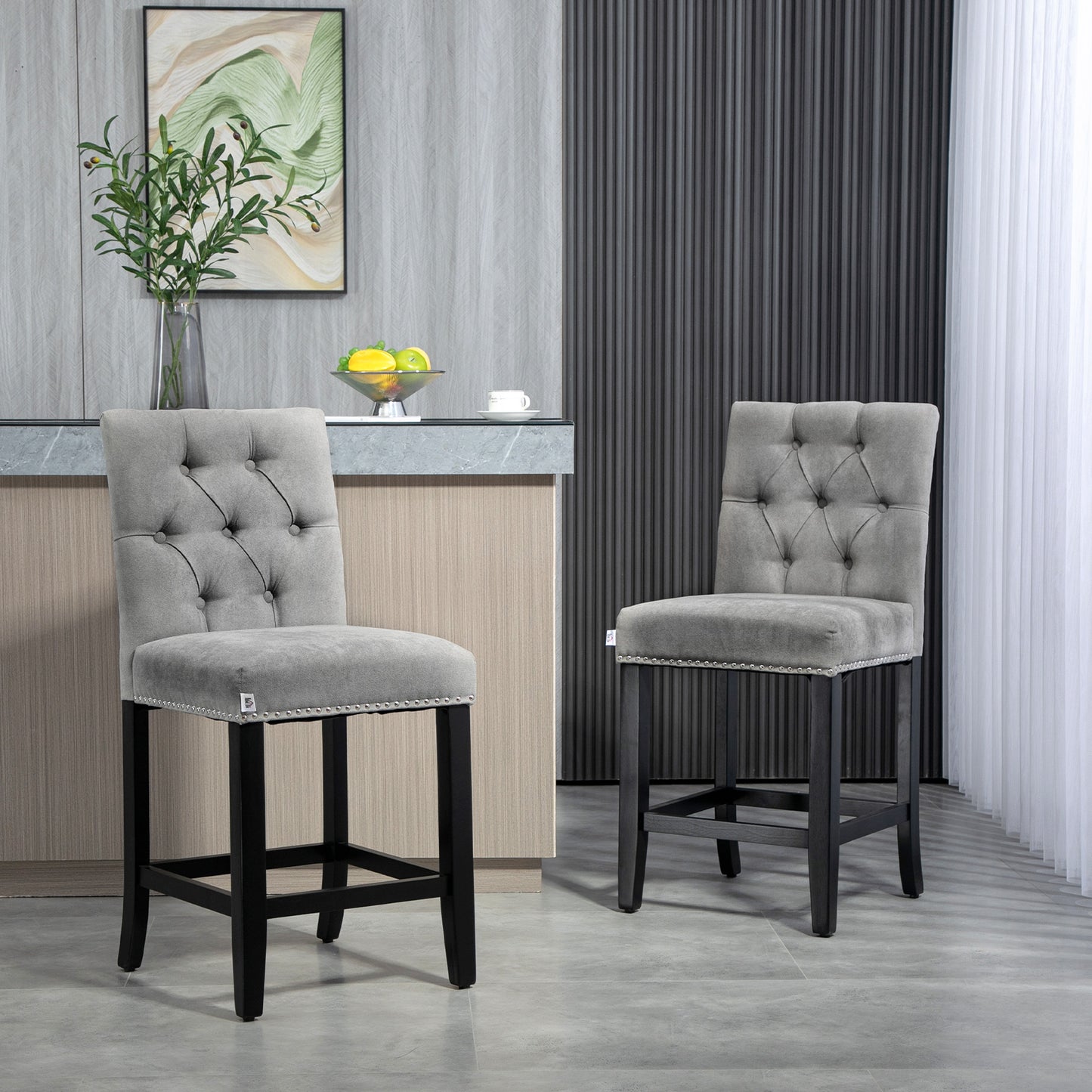 Fabric Bar Stool Set of 2, Tall 25.6" Seat Height Bar Chairs with Tufted Back &; Wood Legs, Light Grey Bar Stools Light Grey  at Gallery Canada