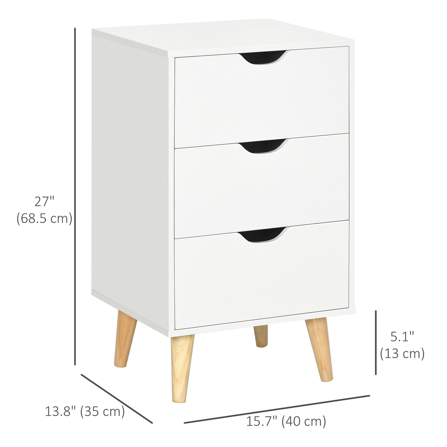 Bedside Table, Modern Nightstand with 3 Drawers, Side End Table with Wood Legs for Living Room, Bedroom, White Bedside Tables   at Gallery Canada