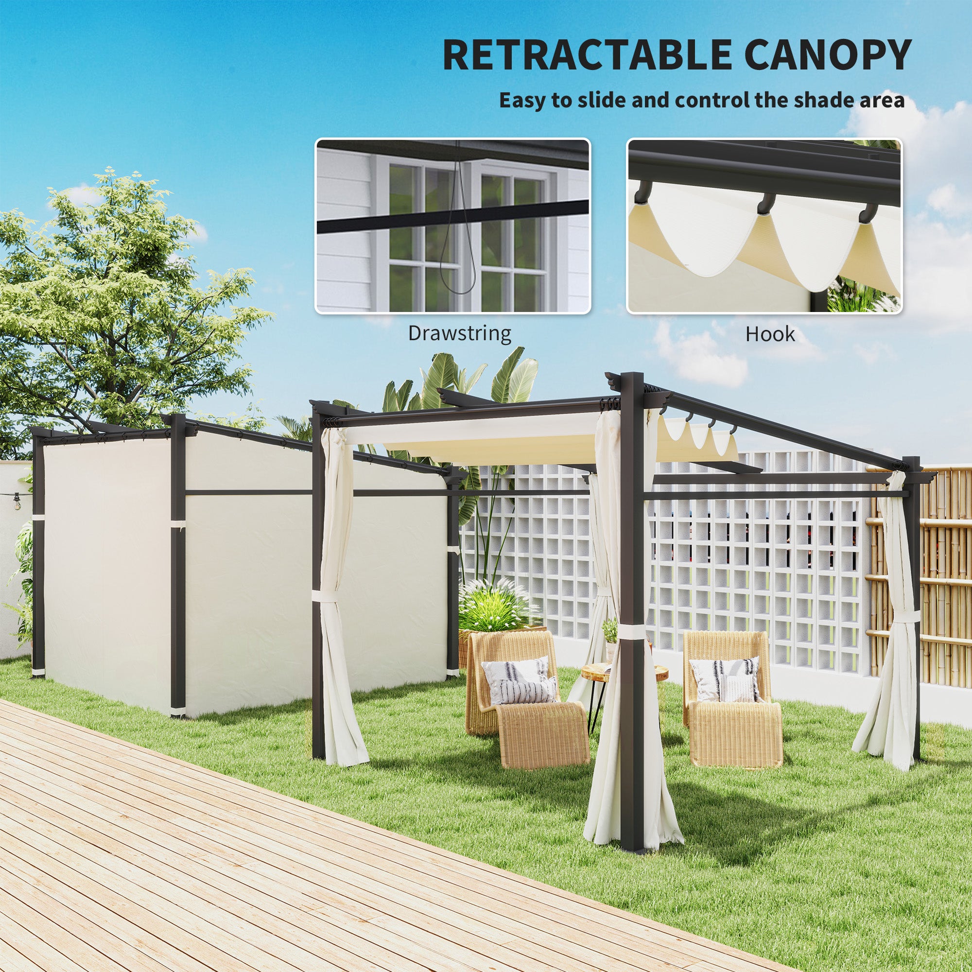 Metal Pergola with Sliding Roof Canopy, Retractable Pergola Canopy, 10' x 10', Beige Pergolas at Gallery Canada