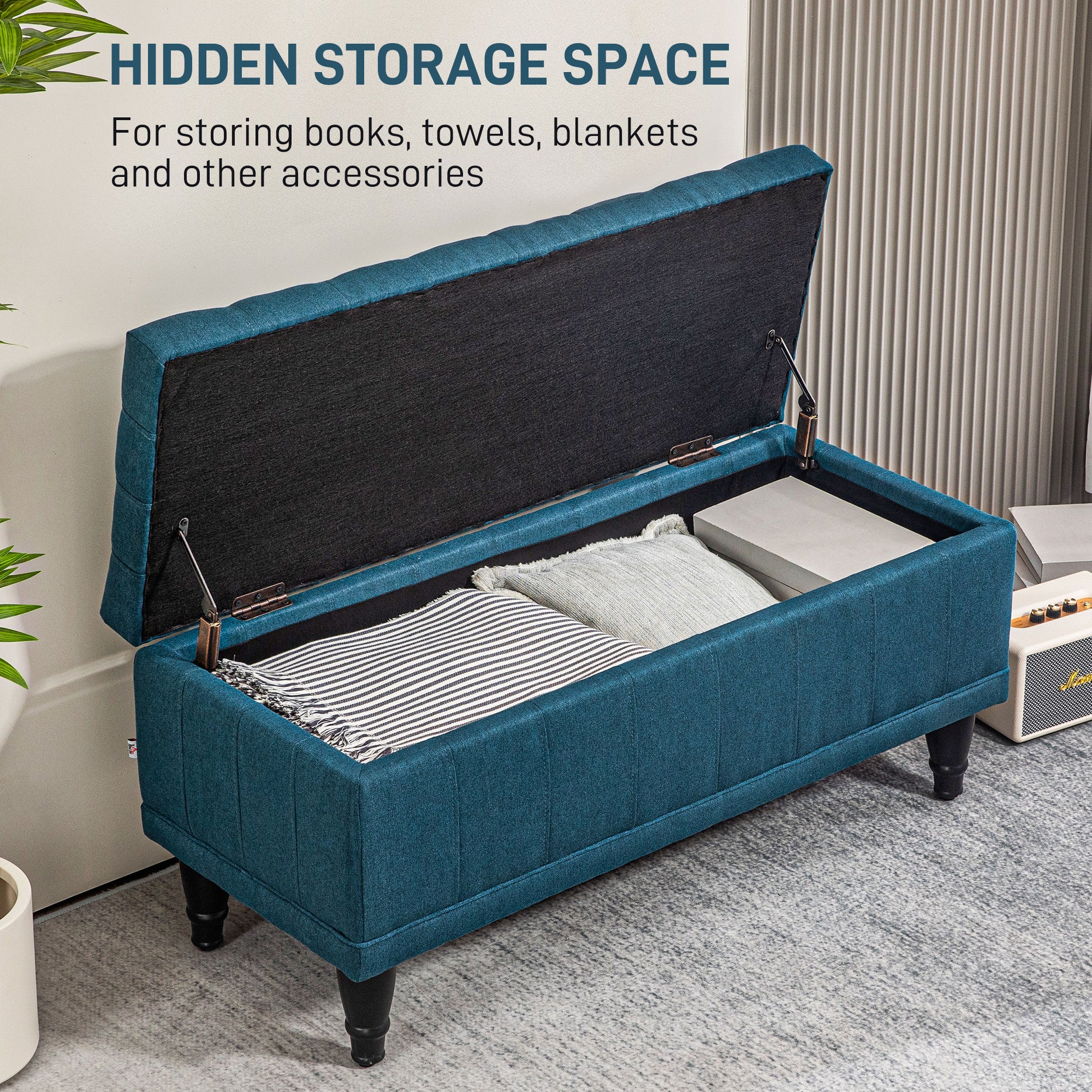 Storage Ottoman, Linen Fabric End of Bed Bench with Button Tufted Storage Bench for Bedroom, Blue Storage Ottomans & Benches   at Gallery Canada