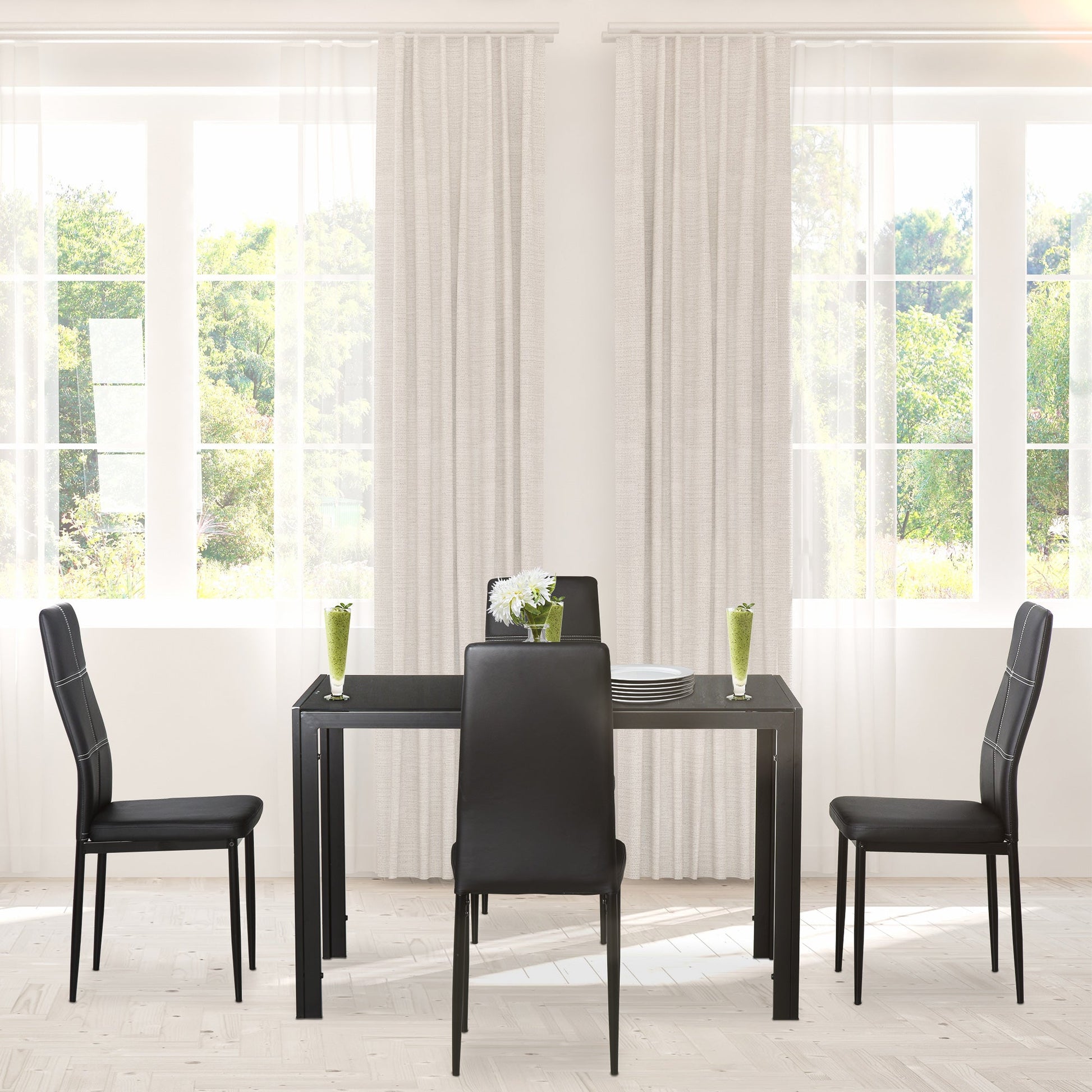 5-Piece Glass Dining Table Set with Faux Leather Chairs, Metal Frame, Black Bar Sets   at Gallery Canada