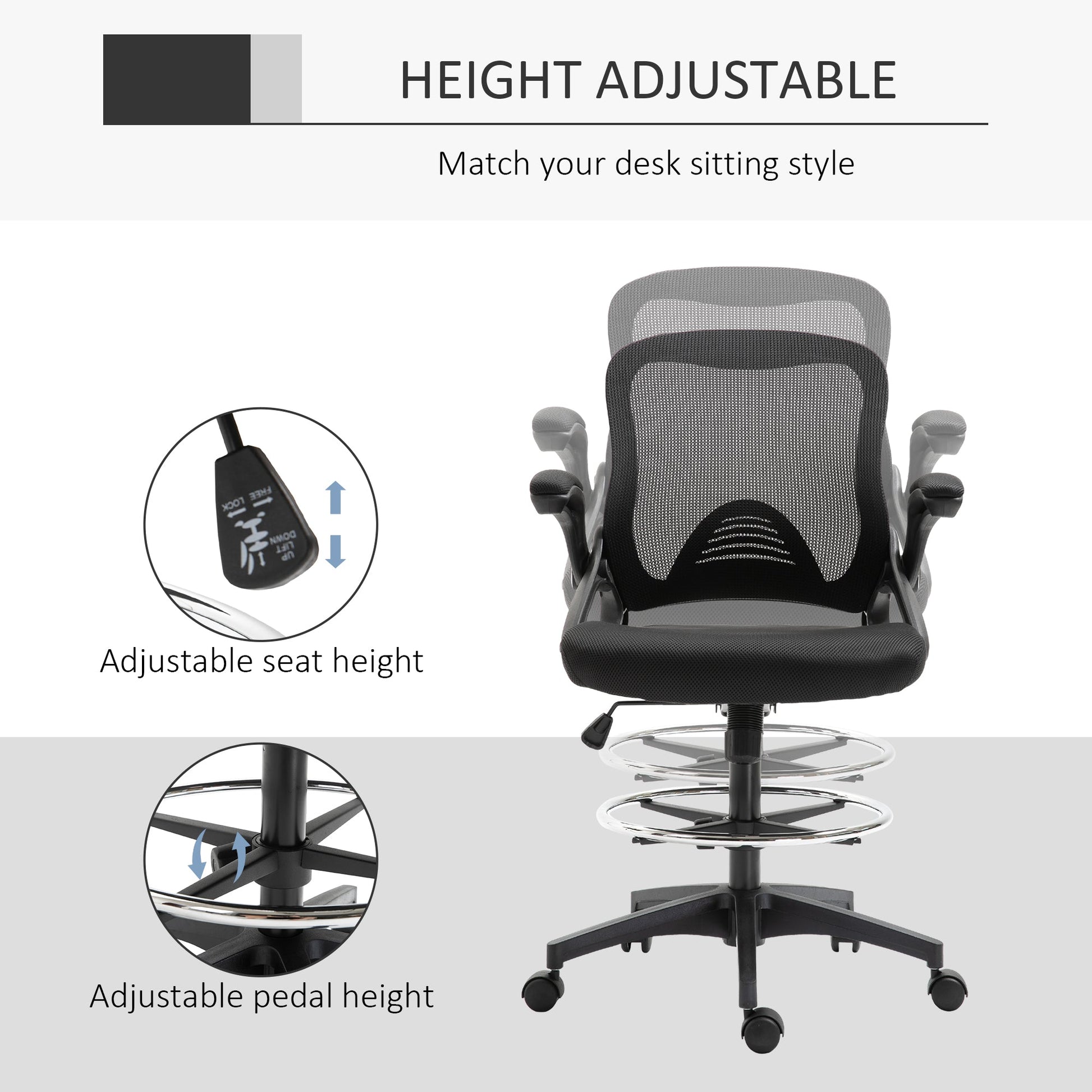 Adjustable Drafting Chair Tall Office Stand-Up Chair with Flip-up Armrest and Foot Ring, 360° Swivel, Black Task Chairs   at Gallery Canada