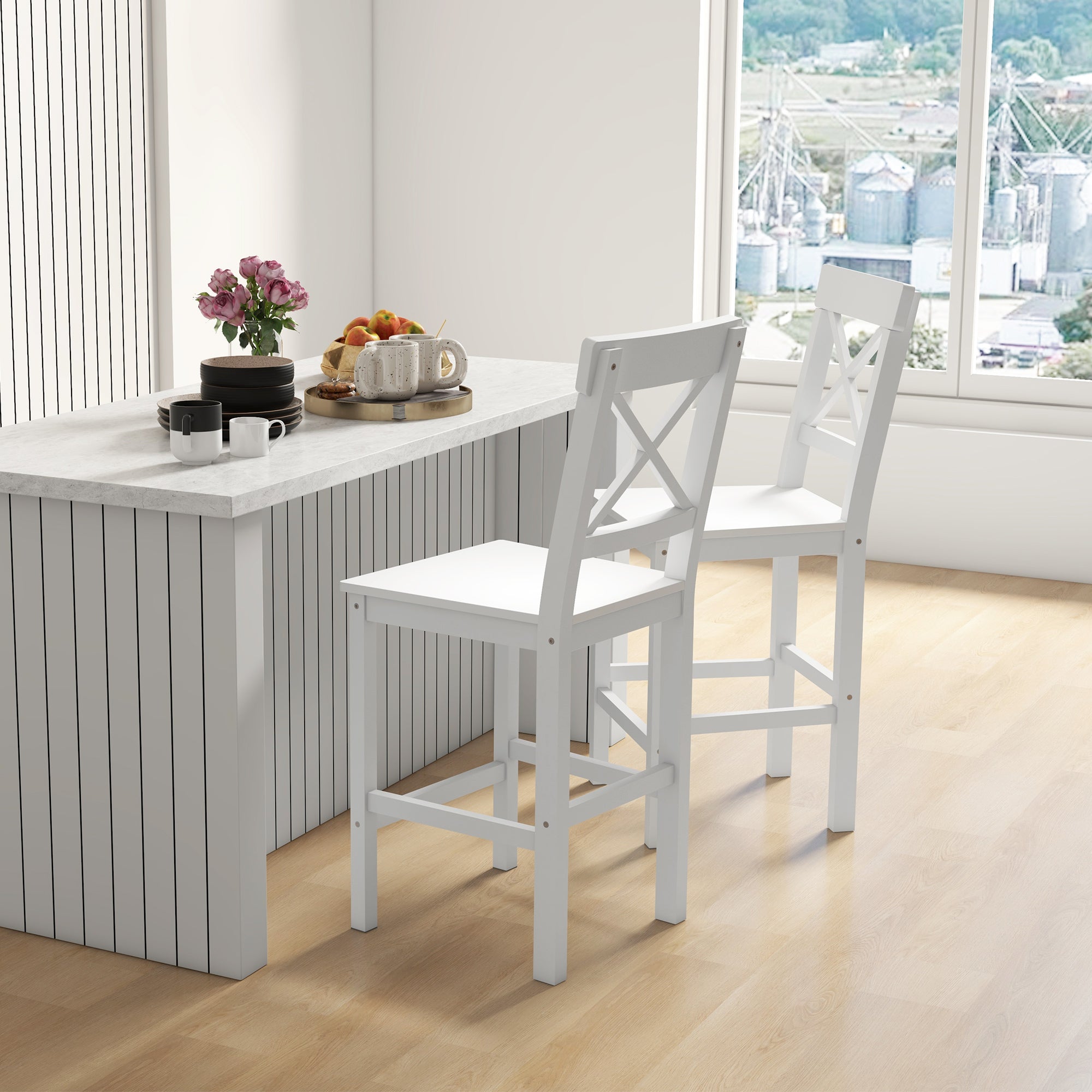 Counter Height Stools Set of 2, Farmhouse Bar Stools with Backs, Solid Wood Counter Stools for Kitchen Island White Bar Stools   at Gallery Canada