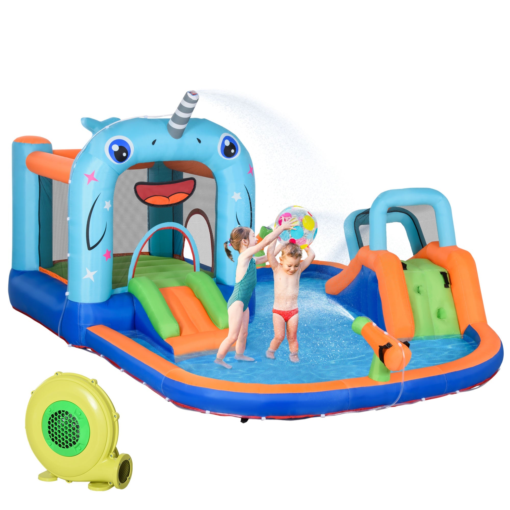 Narwhals 5-in-1 Inflatable Water Slide Bounce House with Pool & Air Blower Inflatables Multi Colour  at Gallery Canada