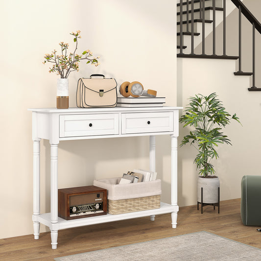 Hallway Console Table, Modern Entryway Table with 2 Drawers, Storage Shelf, Turned Legs for Living Room, Bedroom, White Console Tables   at Gallery Canada