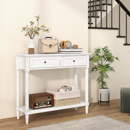 Hallway Console Table, Modern Entryway Table with 2 Drawers, Storage Shelf, Turned Legs for Living Room, Bedroom, White