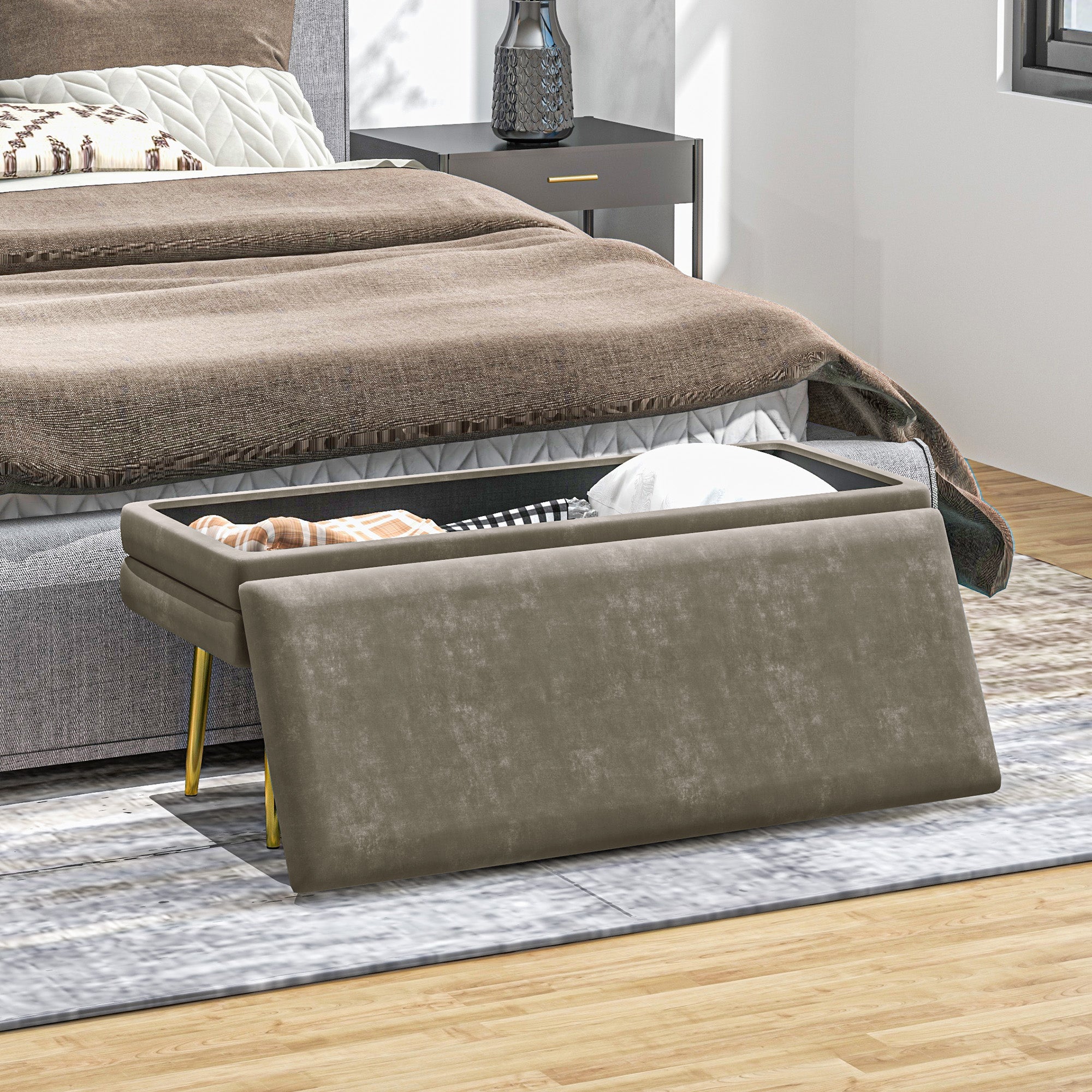 End of Bed Bench, Velvet-feel Upholstered Bench with Thick Padded Seat and Steel Legs, Modern Bedroom Bench, Beige Storage Ottomans & Benches at Gallery Canada