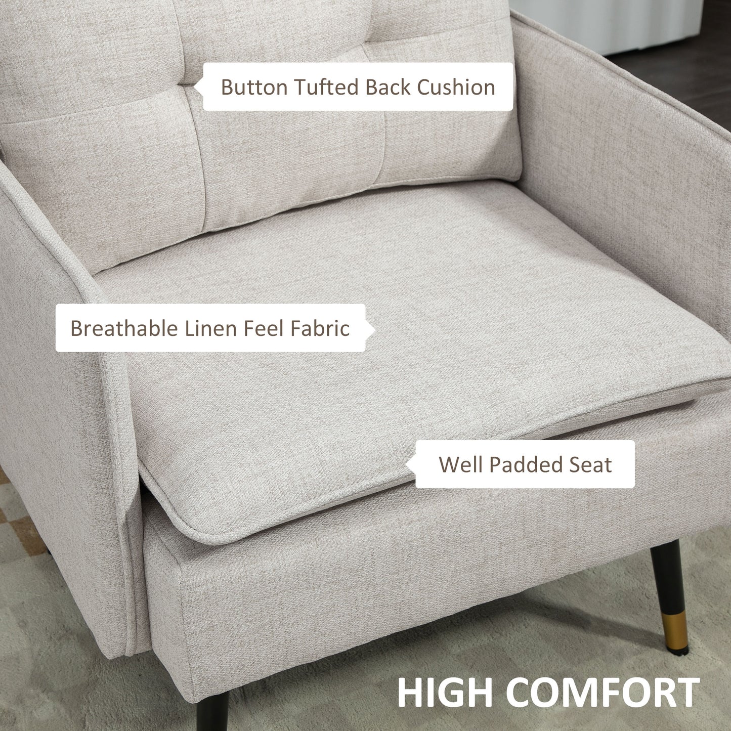 Modern Armchair, Upholstered Accent Chair with Tufted Back Cushion and Steel Legs for Living Room, Bedroom, Cream White Accent Chairs   at Gallery Canada