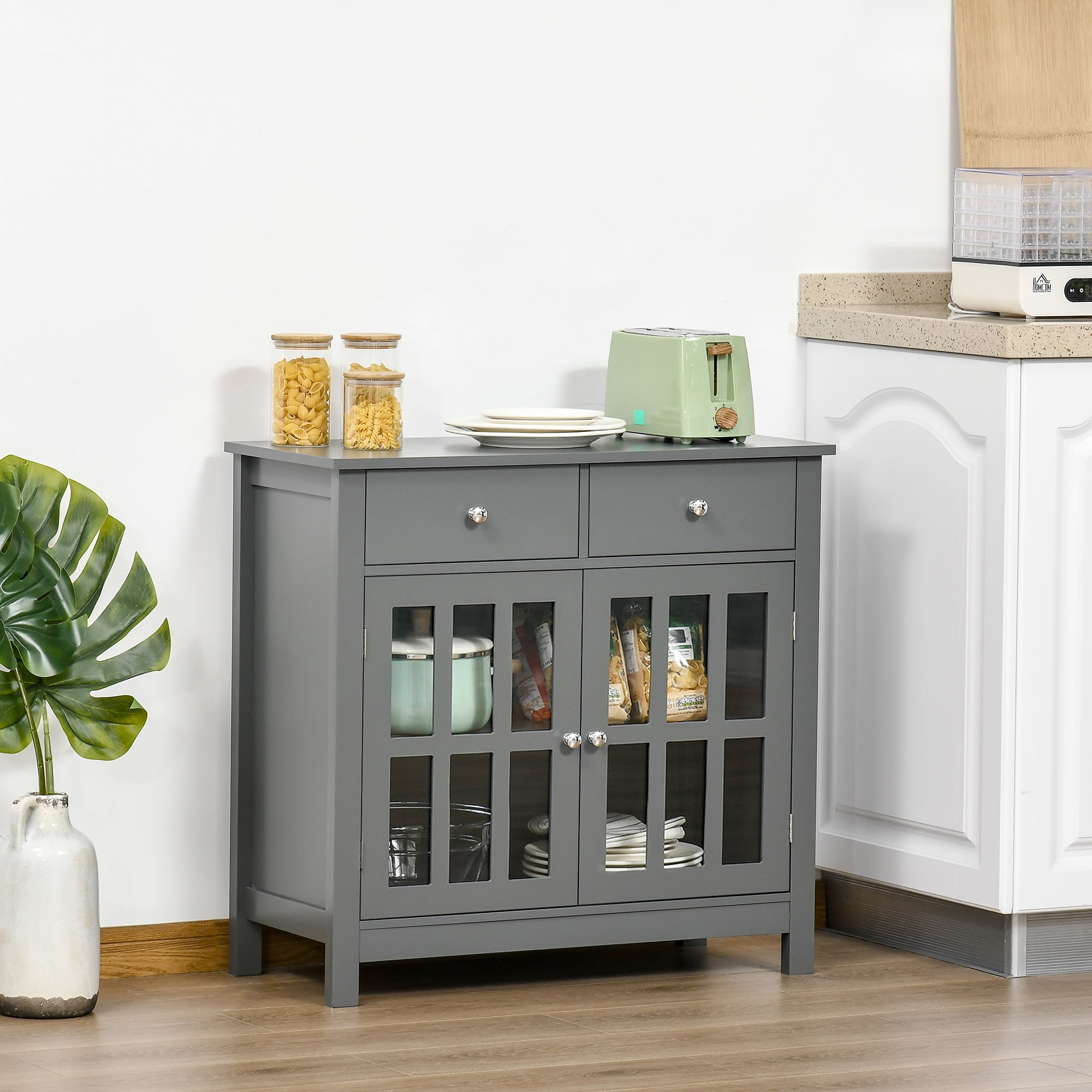 Accent Kitchen Cabinet with Glass Doors, Adjustable Shelf and 2 Drawers for Kitchen ,Grey Bar Cabinets   at Gallery Canada