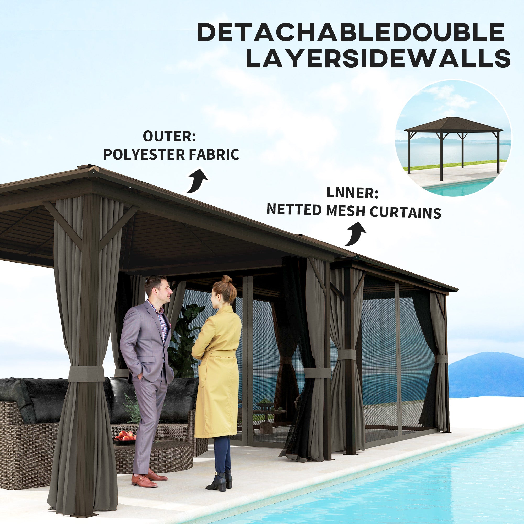 10' x 12' Deluxe Hardtop Gazebo with Metal Roof, Aluminum Frame Patio Gazebo Garden Sun Shelter Outdoor Pavilion with Curtains and Netting, Grey Gazebos at Gallery Canada