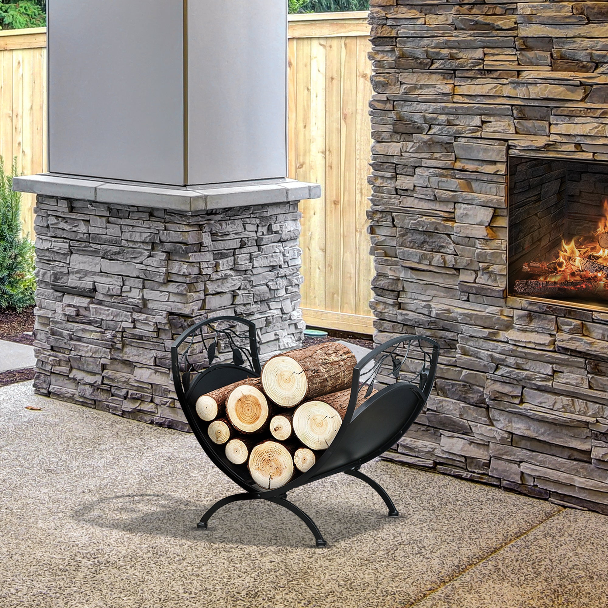 Folding Firewood Rack,Curved Wood Storage Holder, Log Holder for Fire Pit and Fireplace, Outdoor Indoor, Black Firewood Racks at Gallery Canada