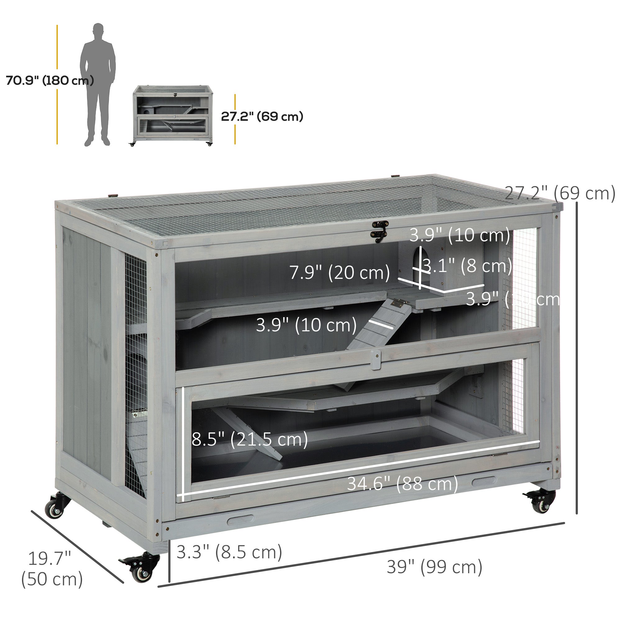 3 Tier Wooden Hamster Cage with Wheels for Dwarf Hamster, Light Grey Hamster Cages at Gallery Canada