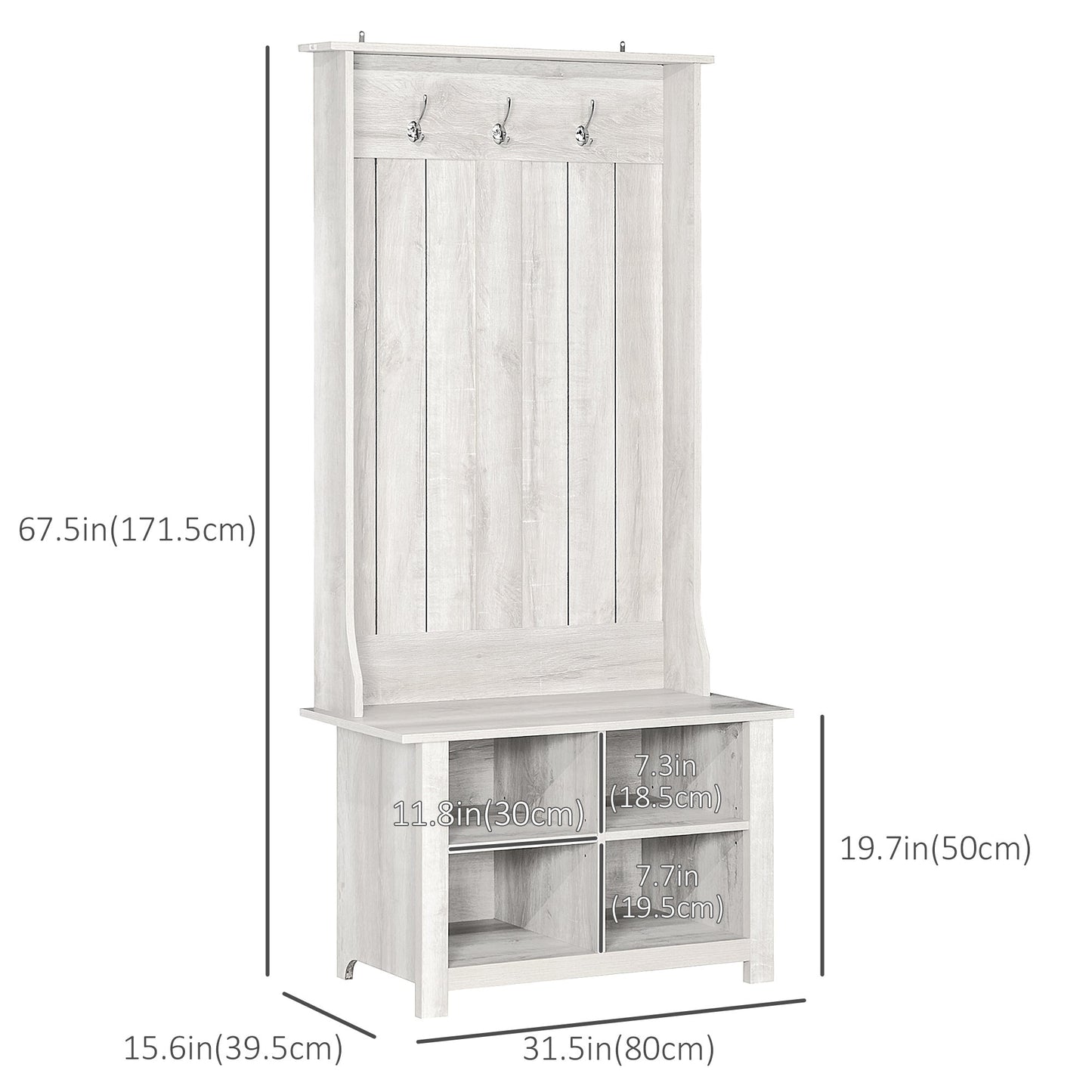 Classic Hall Tree, Accent Coat Tree with Shoe Storage Bench, Adjustable Shelves, 31.5" x 15.5" x 67.5", Distressed White Clothing Storage   at Gallery Canada