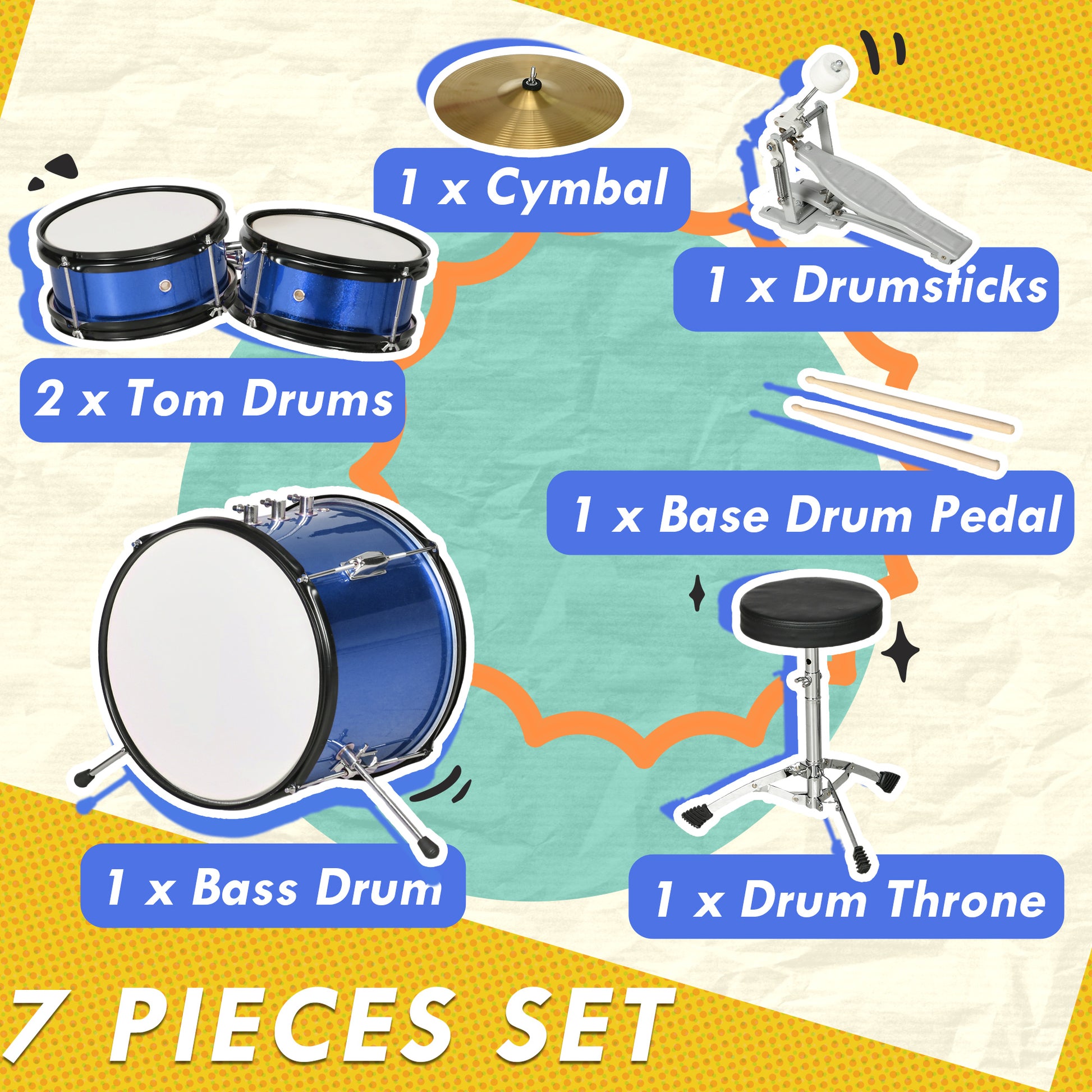 7 Piece Kids Drum Set with Throne, Cymbal, Pedal, Drumsticks, Blue Electronic Musical Pianos   at Gallery Canada