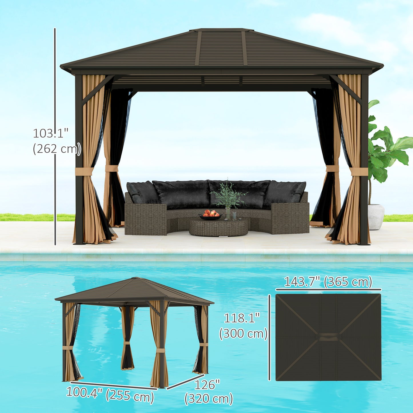 10' x 12' Deluxe Hardtop Gazebo with Metal Roof, Aluminum Frame Patio Gazebo Garden Sun Shelter Outdoor Pavilion with Curtains and Netting, Coffee Gazebos at Gallery Canada