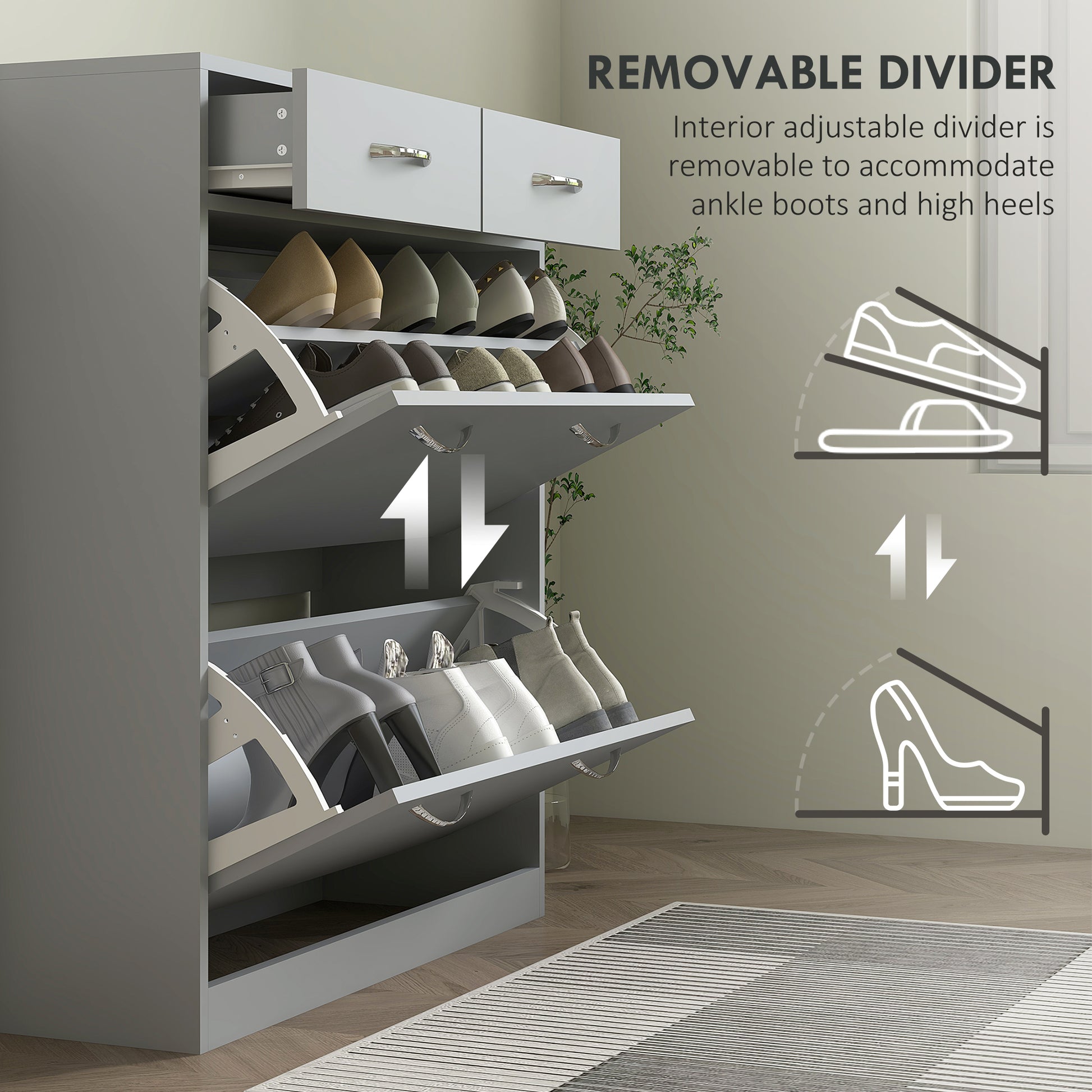 Narrow Shoe Storage with 2 Flip Drawers and Adjustable Shelves Shoe Organizer Cabinet for 12 Pairs of Shoes, Grey Shoe Storage Cabinets & Racks at Gallery Canada