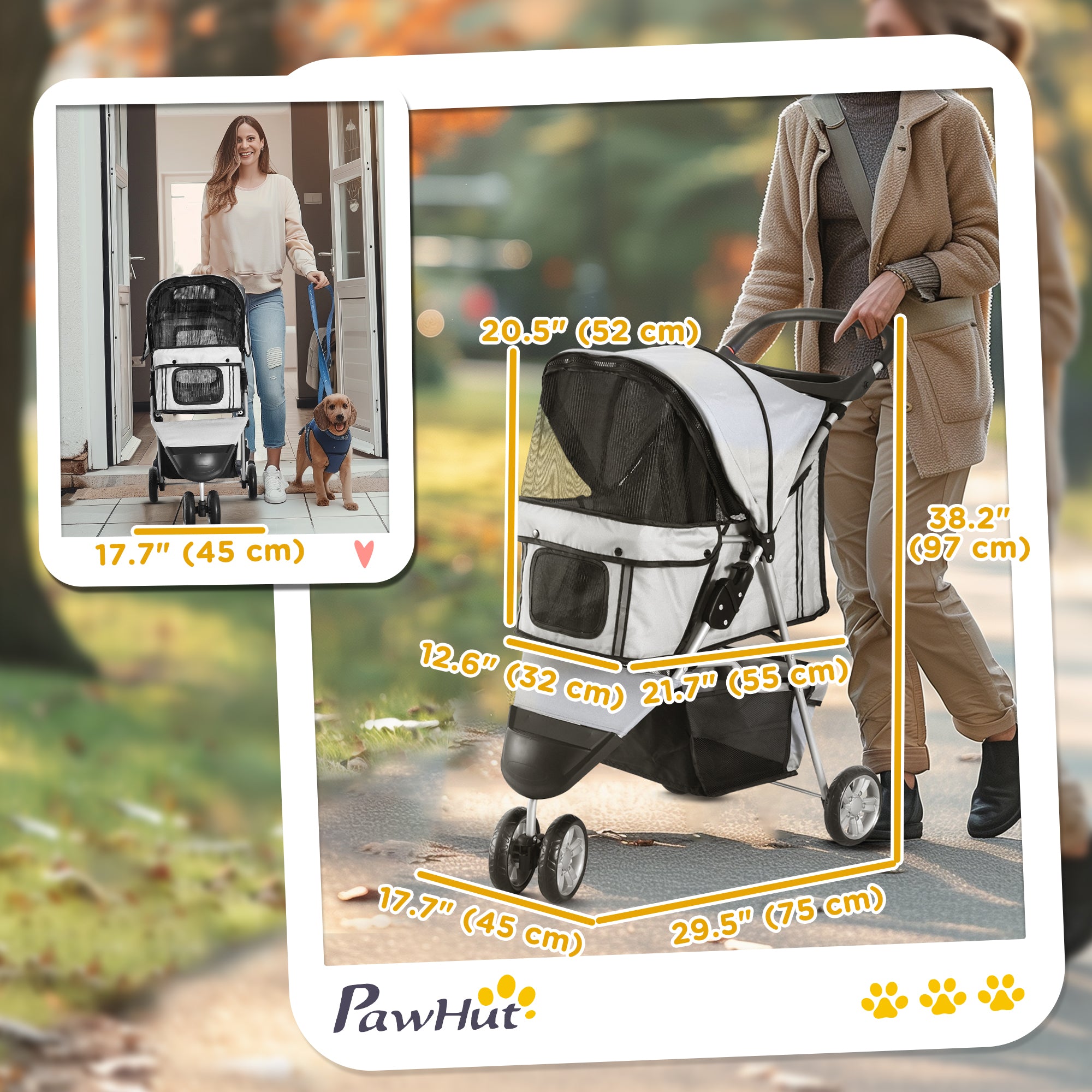 3 Wheels Foldable Dog Stroller with Storage Basket, Adjustable Canopy, Cupholder for Miniature and Small Dogs, Grey Dog Bike Trailers & Strollers at Gallery Canada