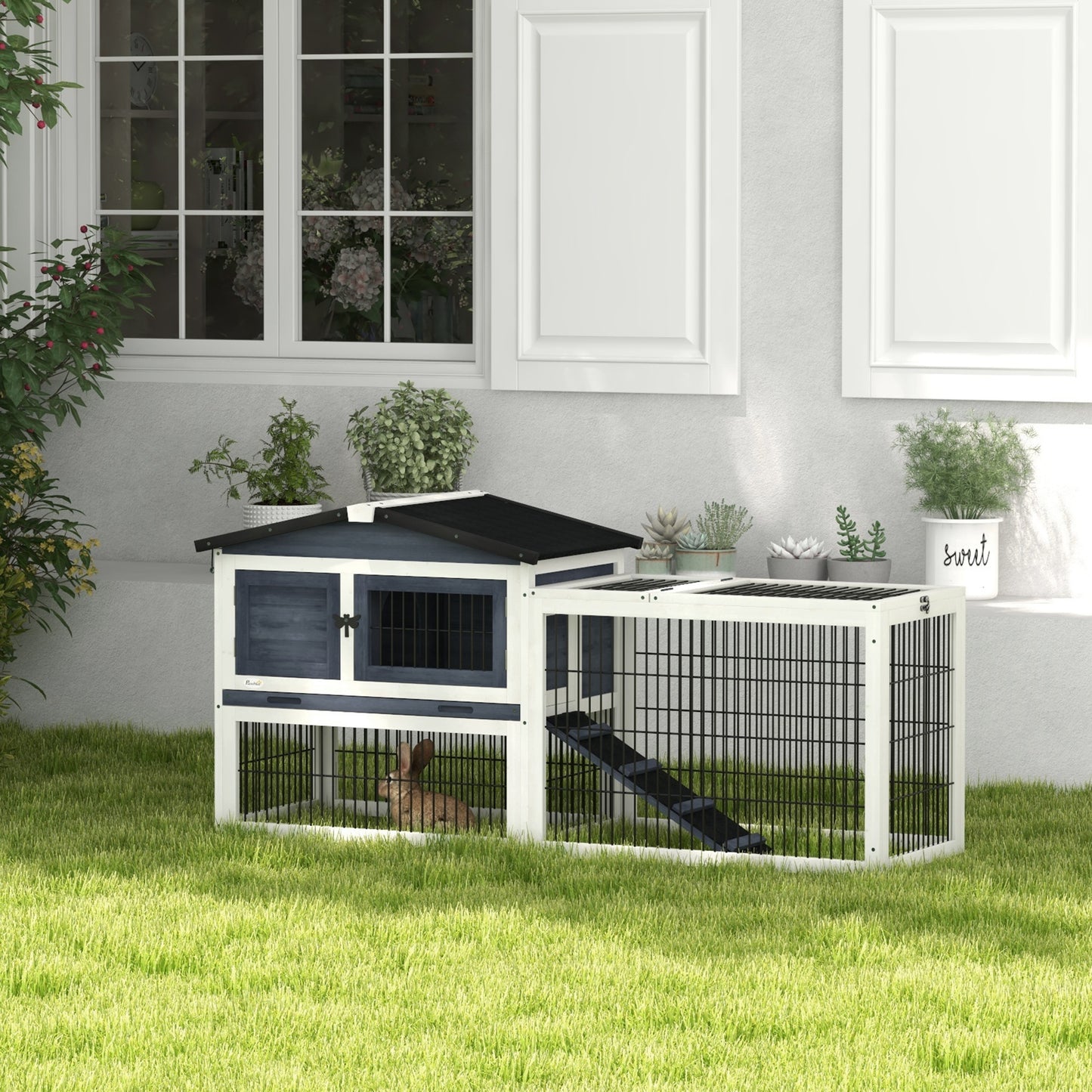 Wood Rabbit Hutch w/ Ramp, Openable Roof, Pull-out Tray, Dark Grey Rabbit Hutch   at Gallery Canada