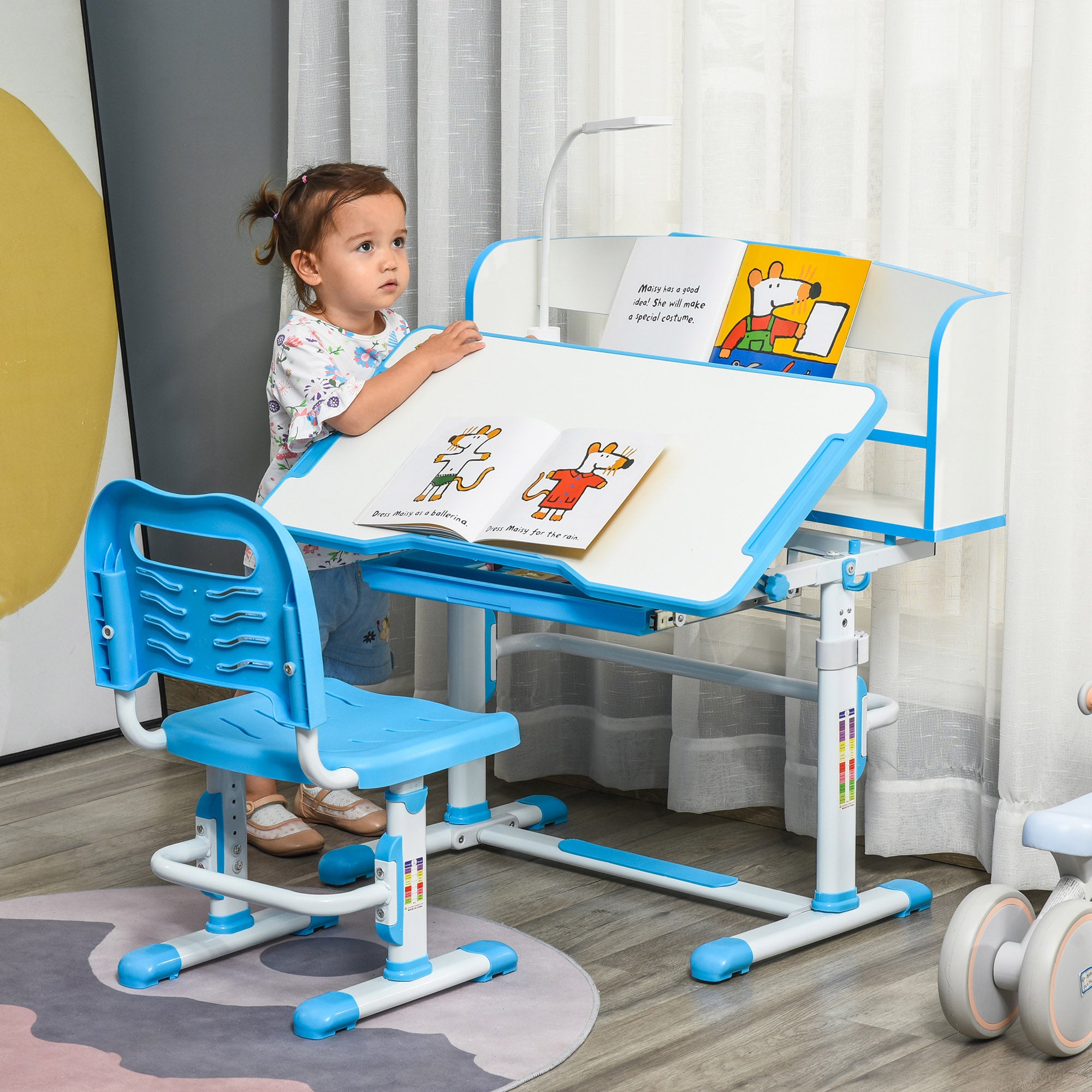 Kids Desk and Chair Set with Easy Rotation Handle, Height Adjustable Study Table and Chair Set with LED Lamp, Bookshelf, Drawer, Reading Board, Pen Slot, Hook, Blue Kids Desk Sets at Gallery Canada