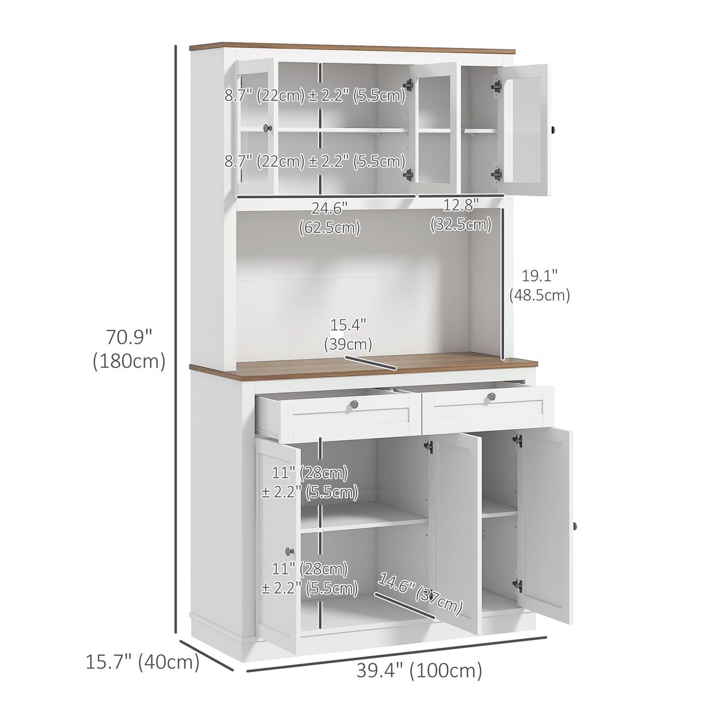 71" Kitchen Pantry Cabinet with Microwave Space, Buffet with Hutch, 2 Drawers, Adjustable Shelves and Glass Doors, White Kitchen Pantry Cabinets Multi Colour  at Gallery Canada