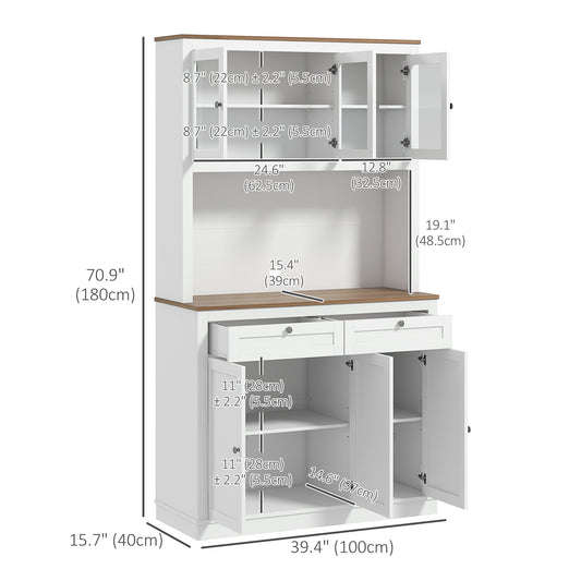 71" Kitchen Pantry Cabinet with Microwave Space, Buffet with Hutch, 2 Drawers, Adjustable Shelves and Glass Doors, White Kitchen Pantry Cabinets   at Gallery Canada