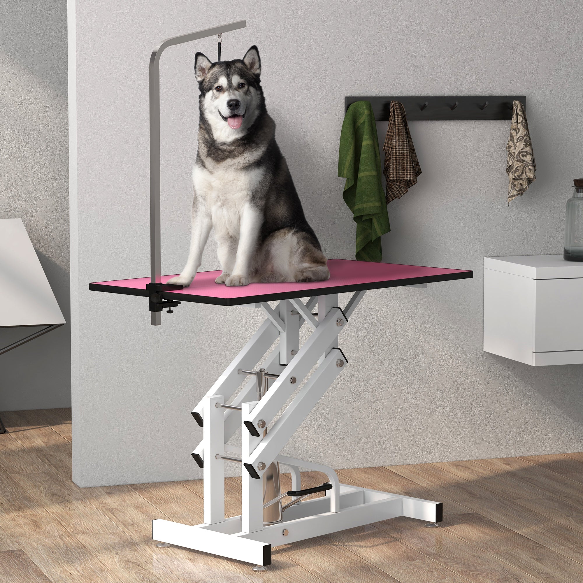 Pet Grooming Table, Height Adjustable Dog Grooming Table with Arm, Noose and Non-Slip Grooming Table, Pink Dog Grooming Tables at Gallery Canada