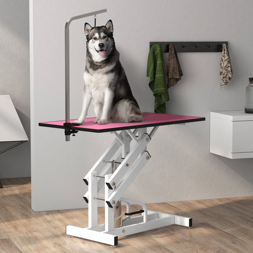 Pet Grooming Table, Height Adjustable Dog Grooming Table with Arm, Noose and Non-Slip Grooming Table, Pink