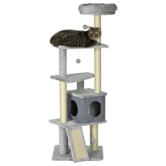 57.5" Cat Tree with Scratching Posts, Large Cat Tower for Indoor Cats with Bed, House, Toys, Grey Cat Posts Light Grey  at Gallery Canada