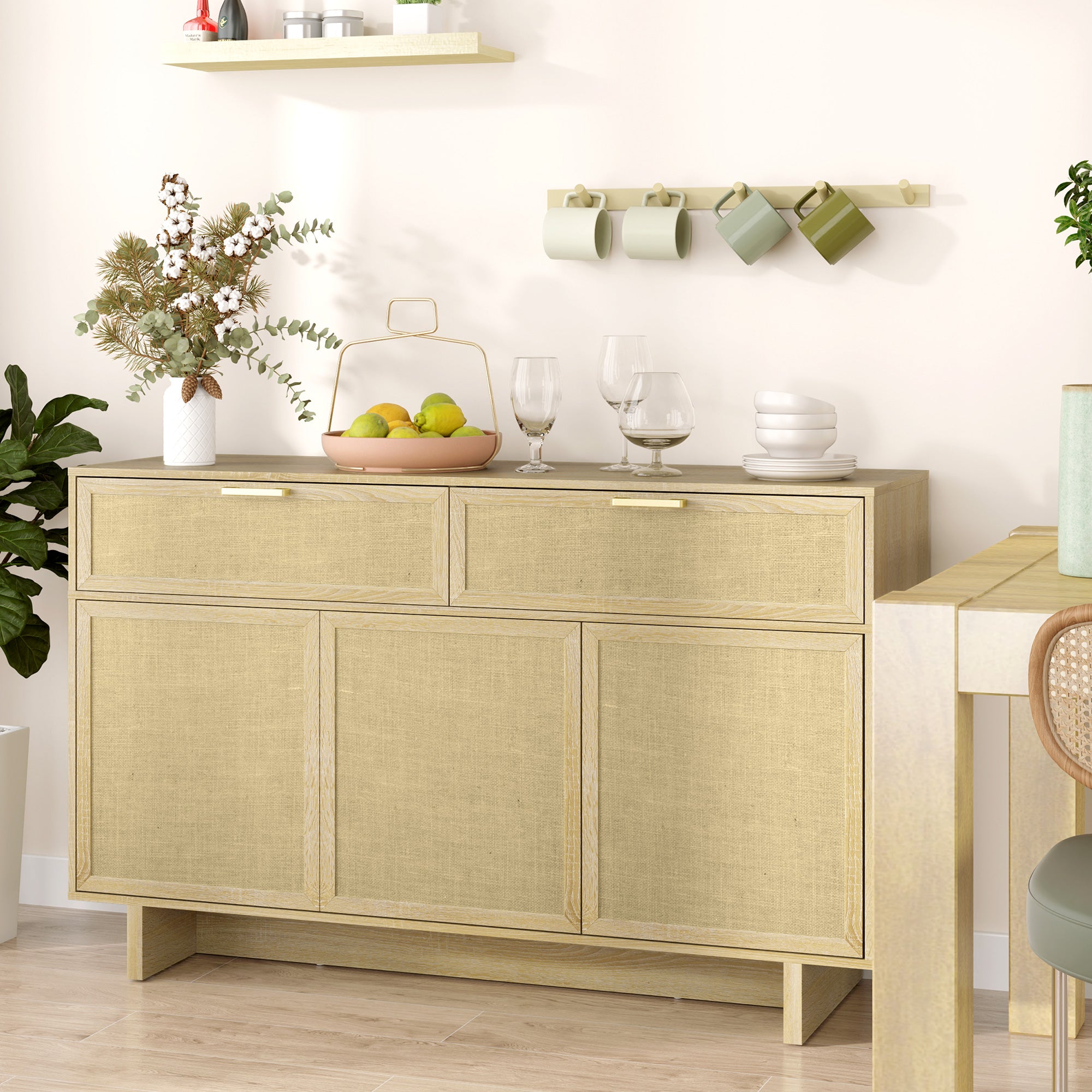 Boho Kitchen Sideboard Buffet Cabinet with Hinge Doors, Drawers and Adjustable Shelf for Living Room, Natural Wood Bar Cabinets at Gallery Canada