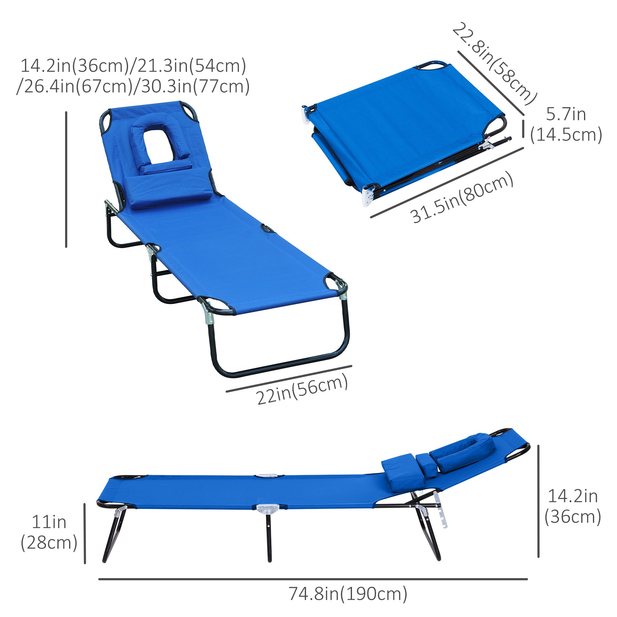 Adjustable Garden Sun Lounger w/ Reading Hole Outdoor Reclining Seat Folding Camping Beach Lounging Bed Blue Lounger Chairs   at Gallery Canada