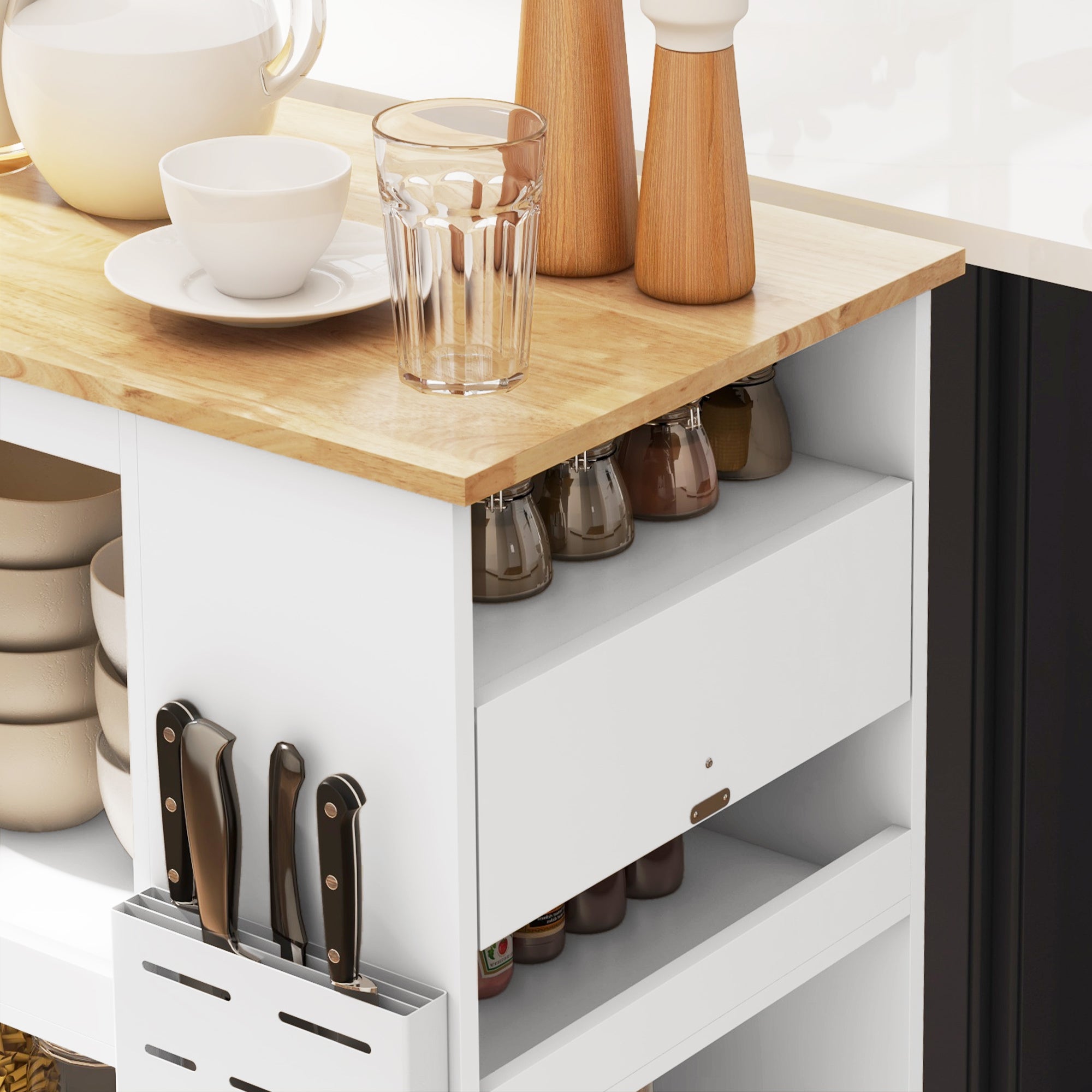 Kitchen Island Table Kitchen Cart with Rubberwood Top, Adjustable Shelves, Knife Rack, Towel Rack, Cabinet, White Kitchen Islands & Kitchen Carts at Gallery Canada