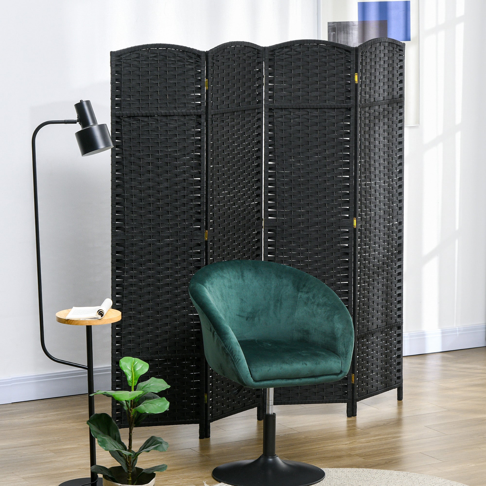 5.6 Ft Tall Folding Room Divider, 4 Panel Portable Privacy Screen, Hand-Woven Partition Wall Divider, Black Room Dividers   at Gallery Canada