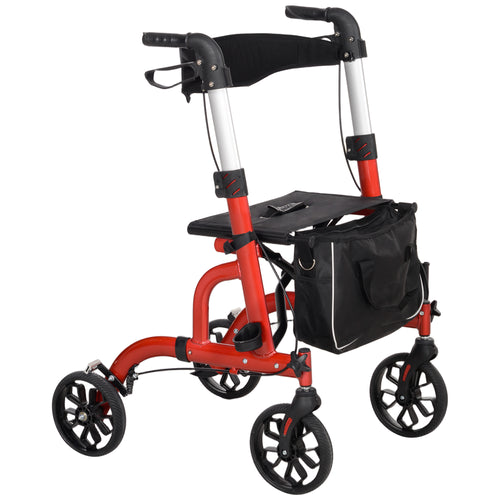 Rollator Walker for Seniors and Adults with 8'' Wheels, Padded Seat and Backrest, Storage Bag Red