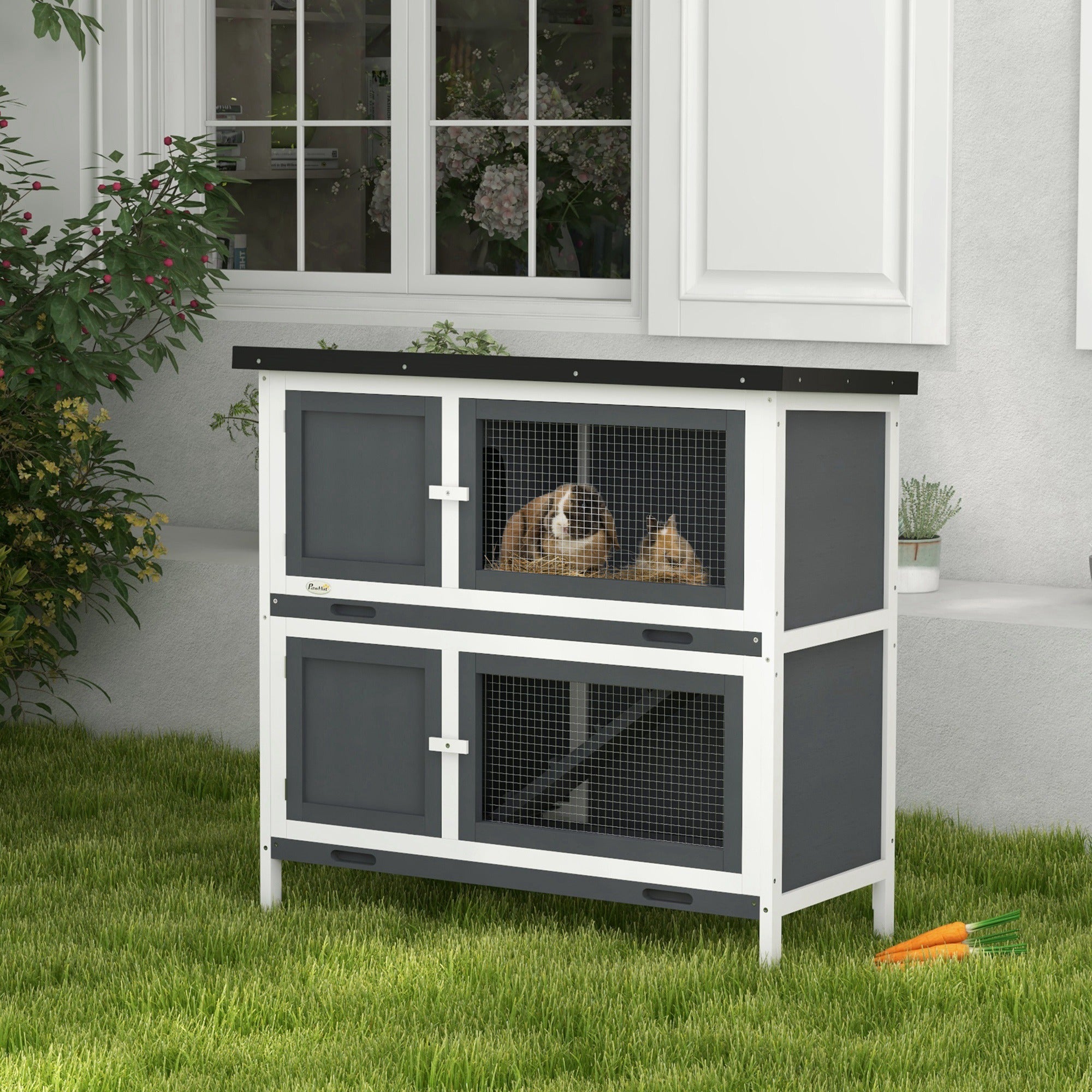 Wood Rabbit Hutch with 2 Large Main House, Ramp, Trays, Grey Rabbit Hutch at Gallery Canada