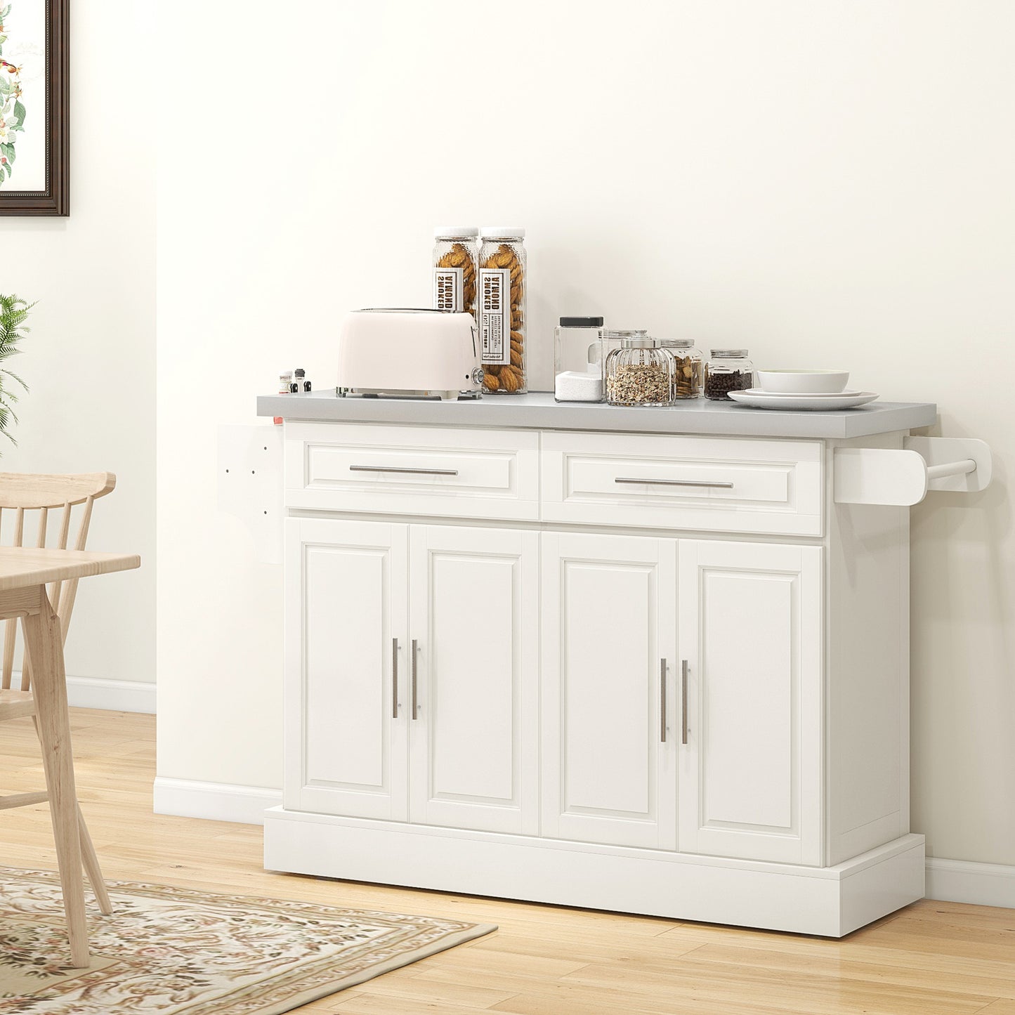 Rolling Kitchen Island with Storage and Stainless Steel Top, Kitchen Trolley with Drawers, Cabinets, Towel Rack, Cream Kitchen Islands & Kitchen Carts at Gallery Canada