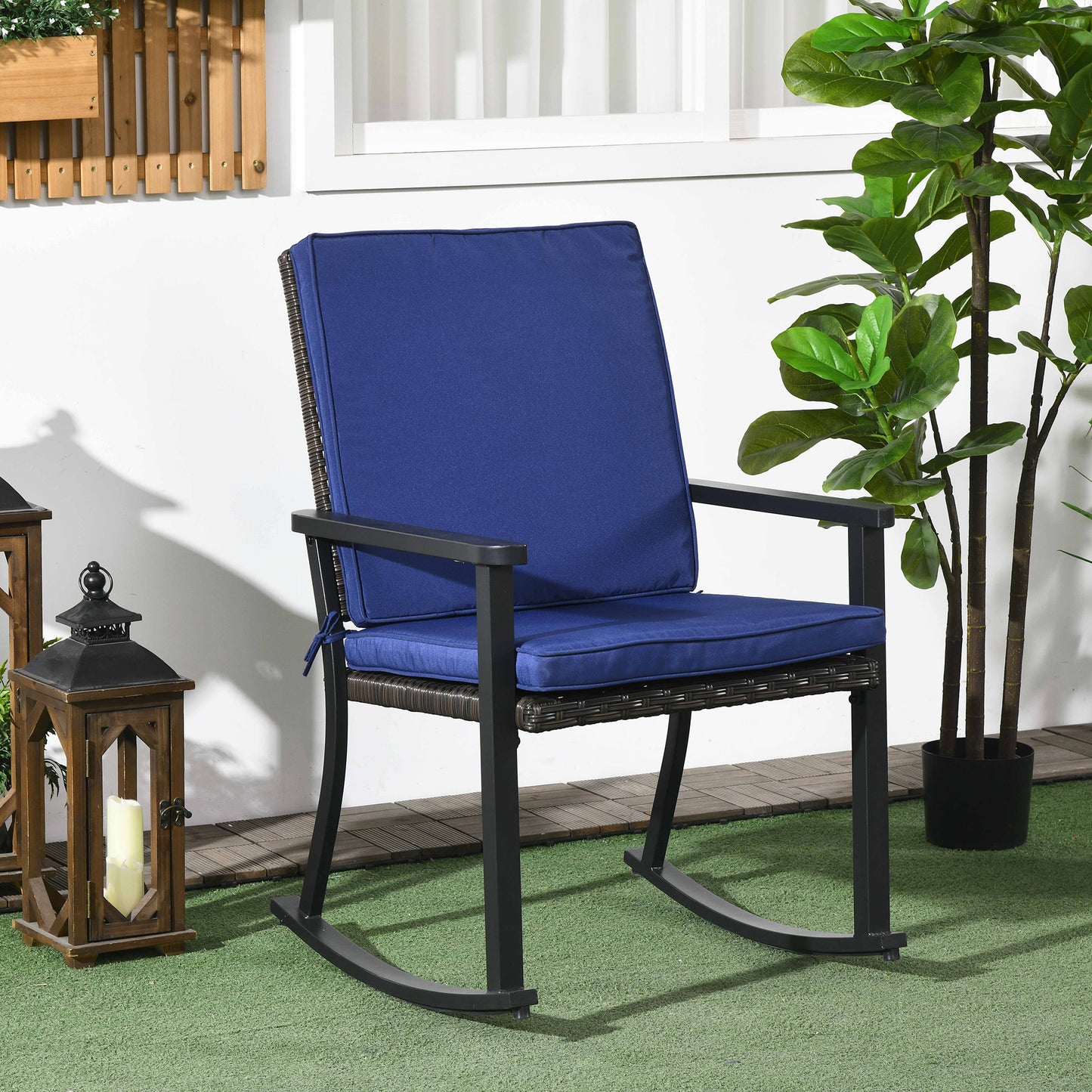 Patio Wicker Rocking Chair, Outdoor PE Rattan Rocking Chair with High Back, Armrest, Seat Cushion, Blue Outdoor Rocking Chairs   at Gallery Canada