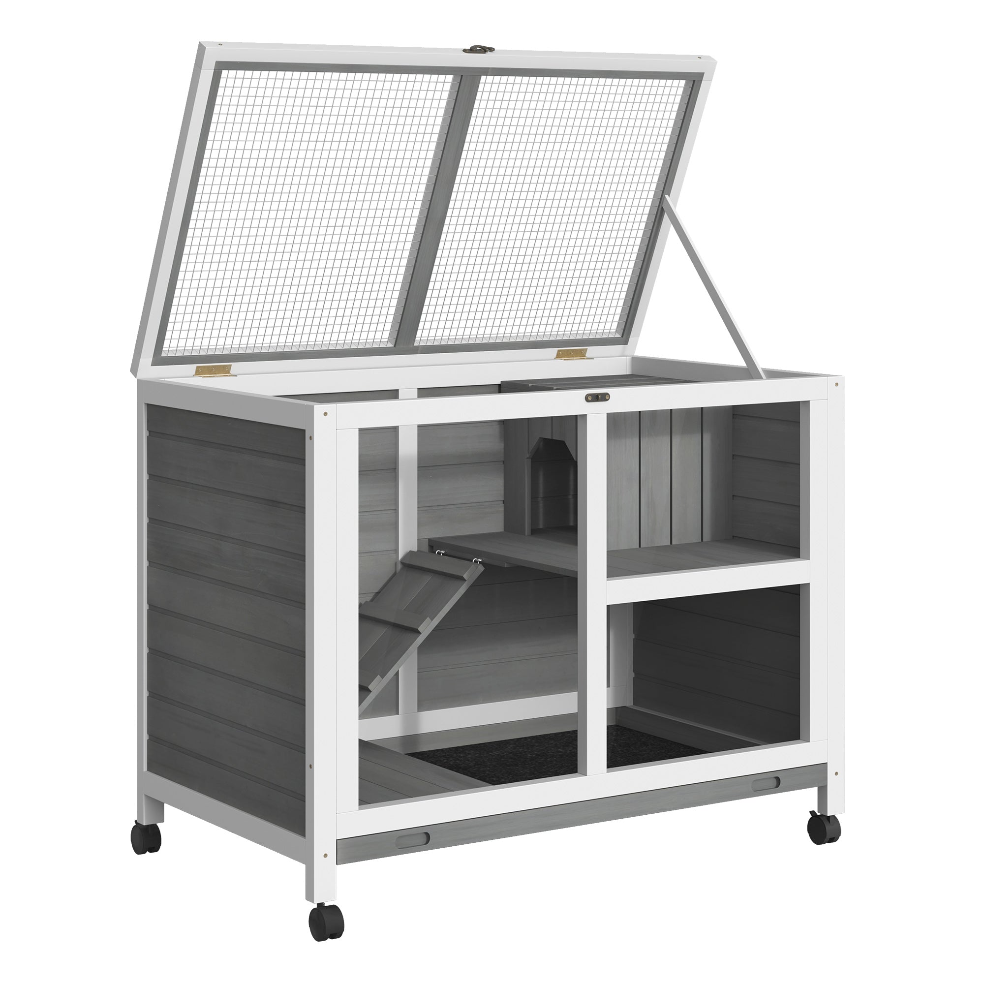 Indoor Rabbit Hutch with Wheels, Bunny Cage Guinea Pig House W/ Top Access, Ramp, Pull Out Tray, Grey Rabbit Hutch at Gallery Canada